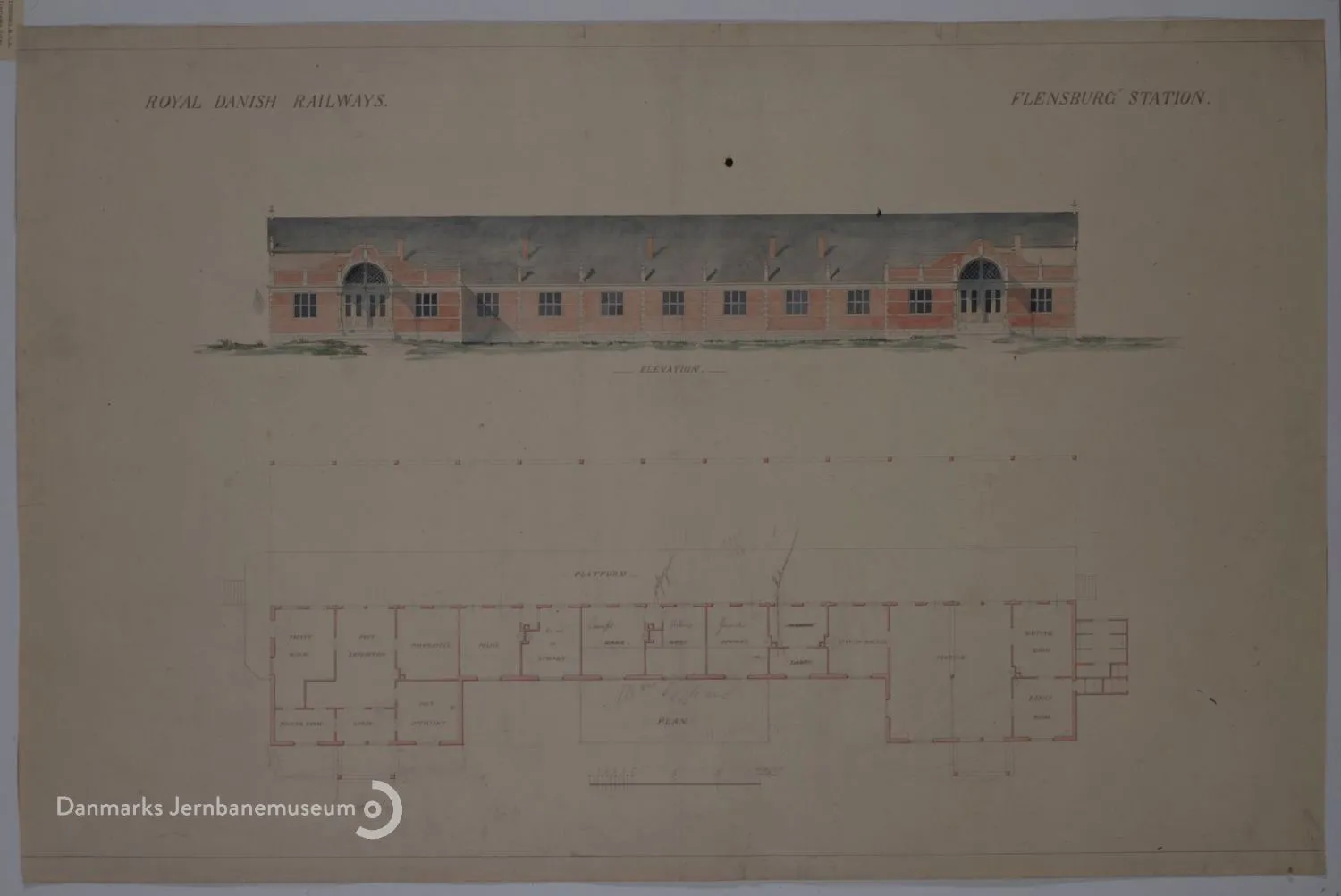 Tegning af Flensborg Banegård. Tegning af Flensborg Banegård.