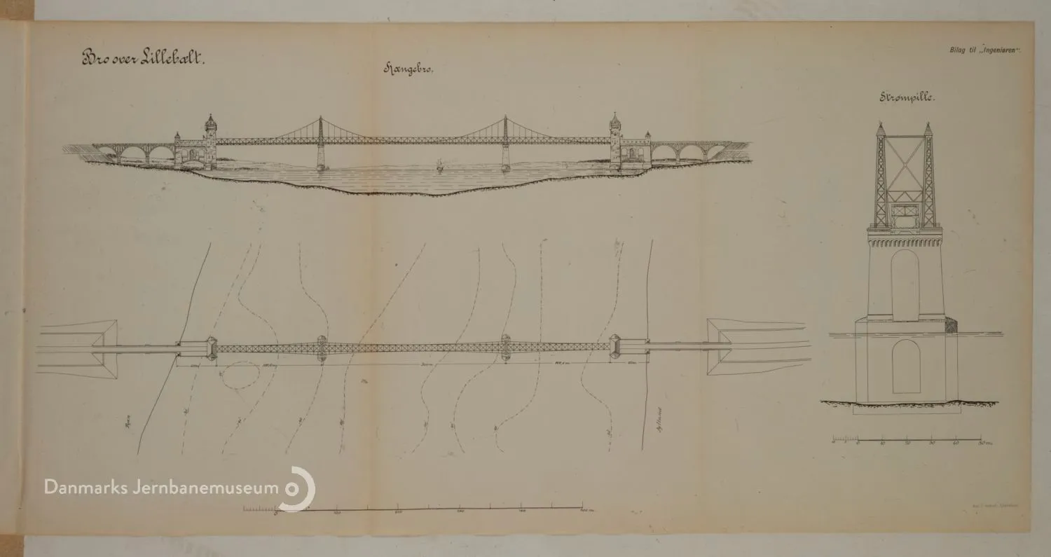 Tegning af Statsbanernes 1899-projekt til Lillebæltsbroen Jernbanebro. Tegning af Statsbanernes 1899-projekt til Lillebæltsbroen Jernbanebro.