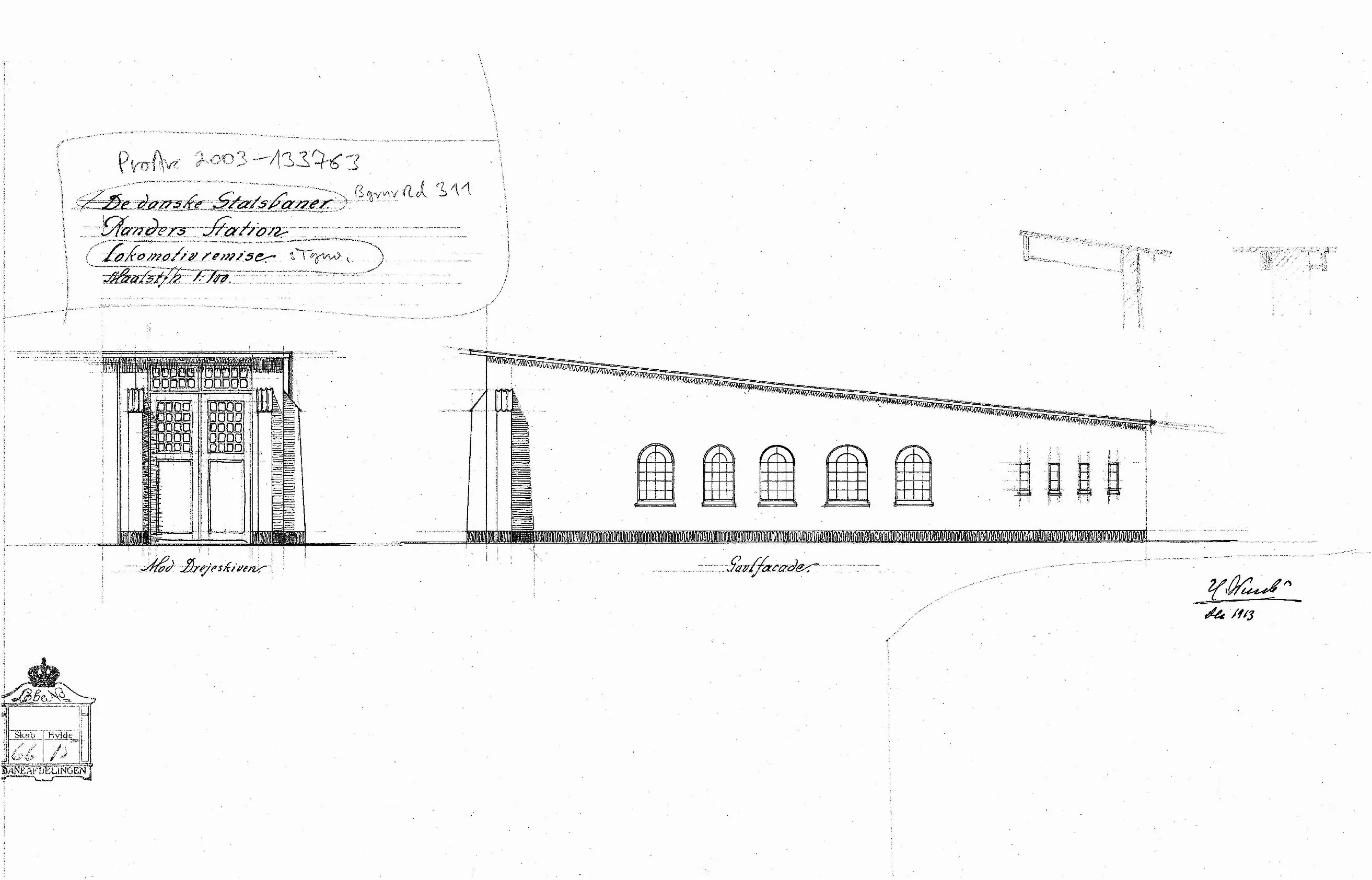 Tegning af Randers Stations remise. Tegning af Randers Stations remise.