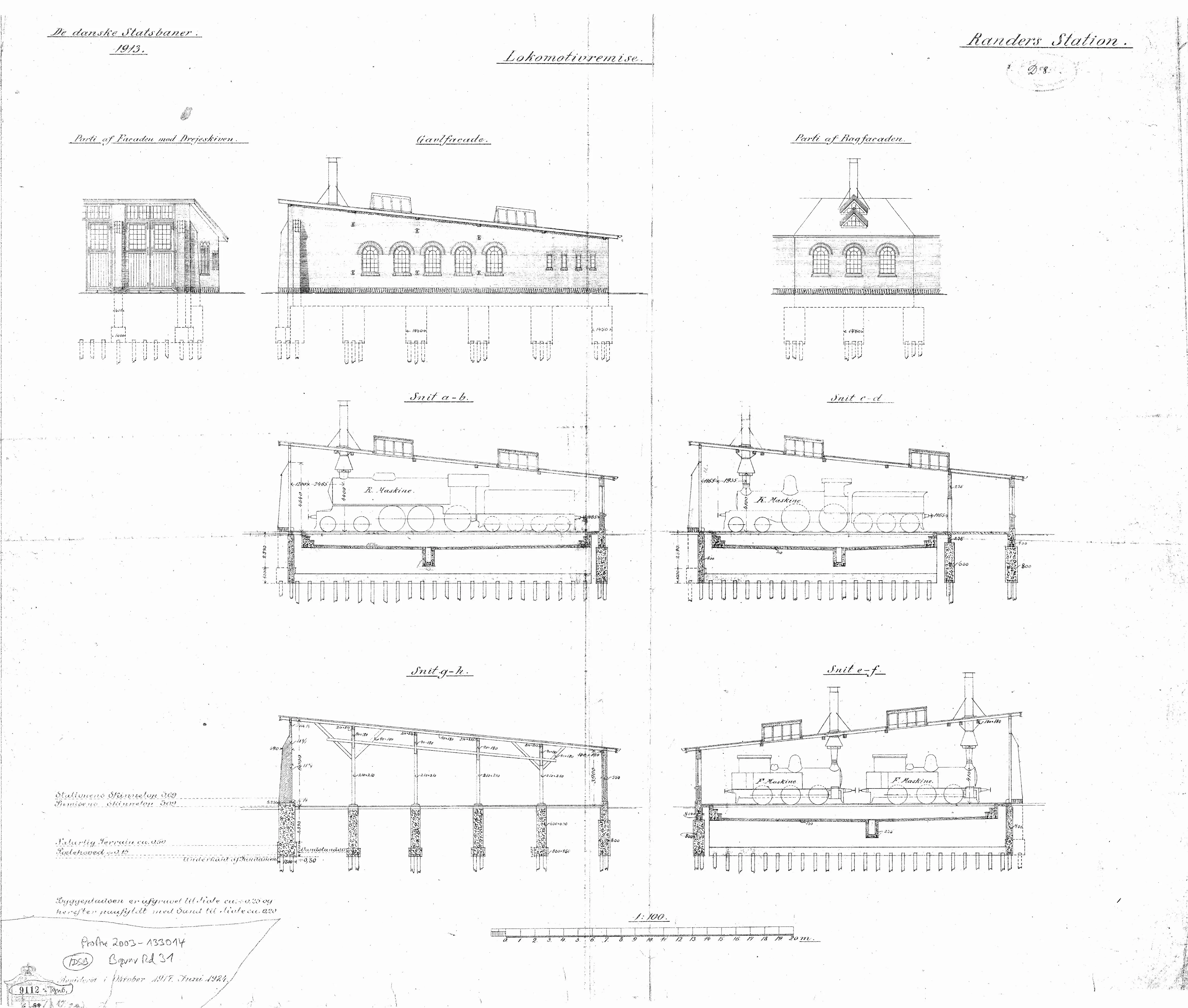 Tegning af Randers Stations remise.