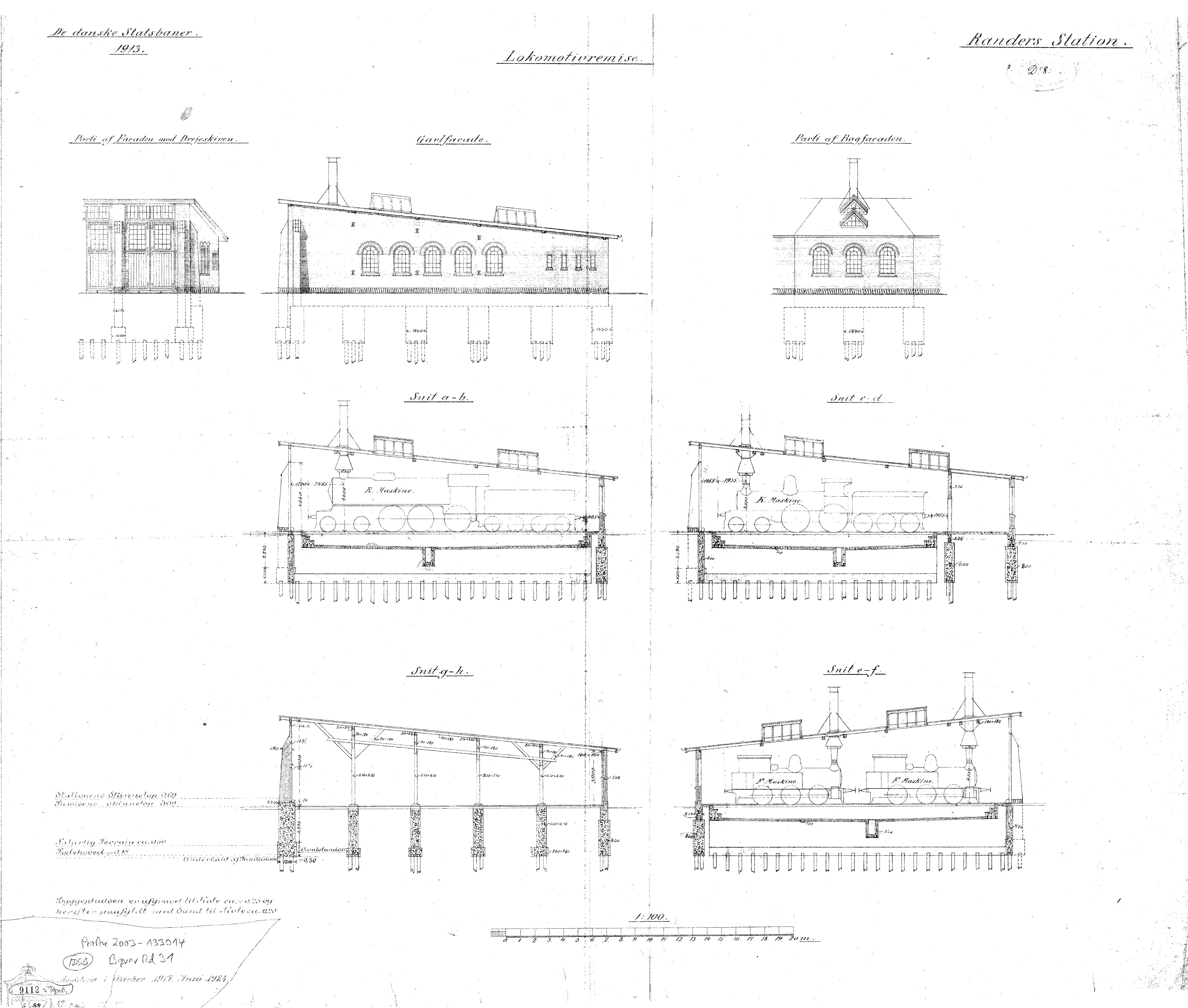 Tegning af Randers Stations remise.