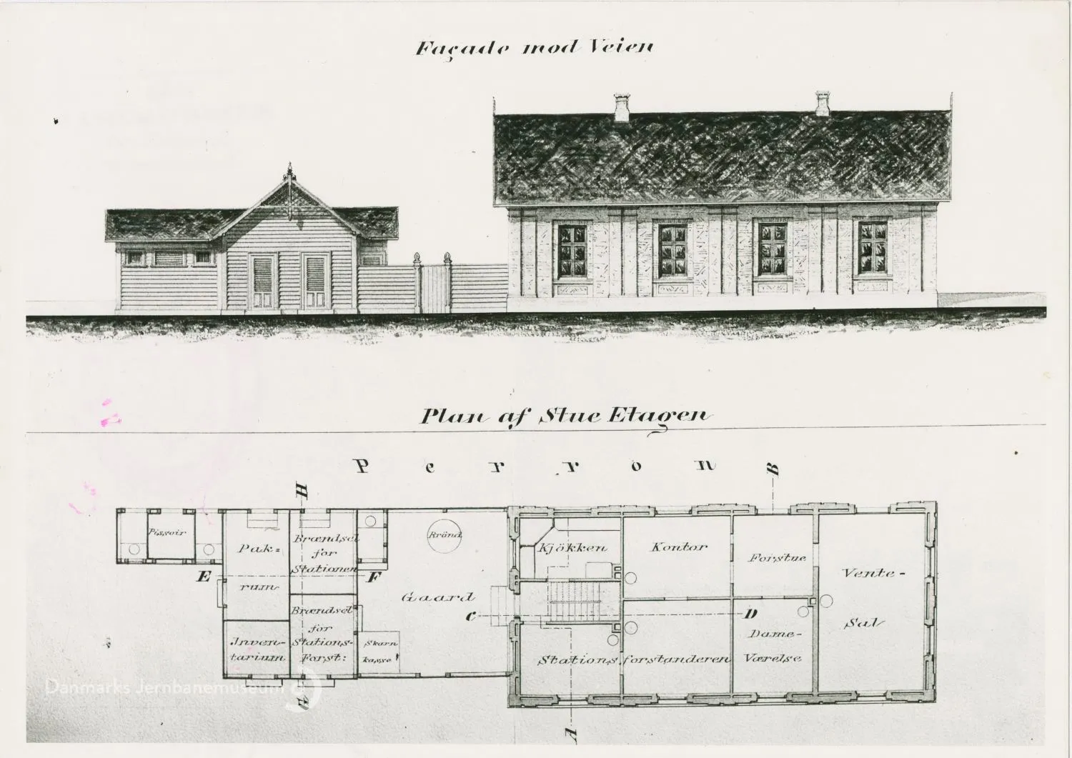 Tegning af Måløv Station. Tegning af Måløv Station.