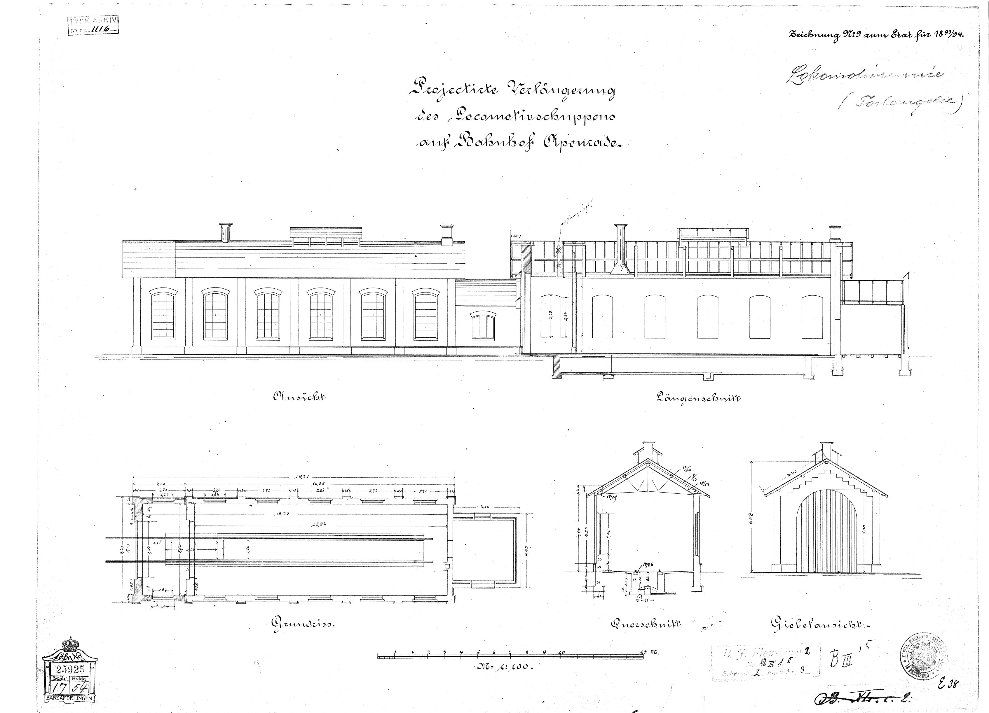 Tegning af Remise. Projekteret forlængelse ved Aabenraa Station.