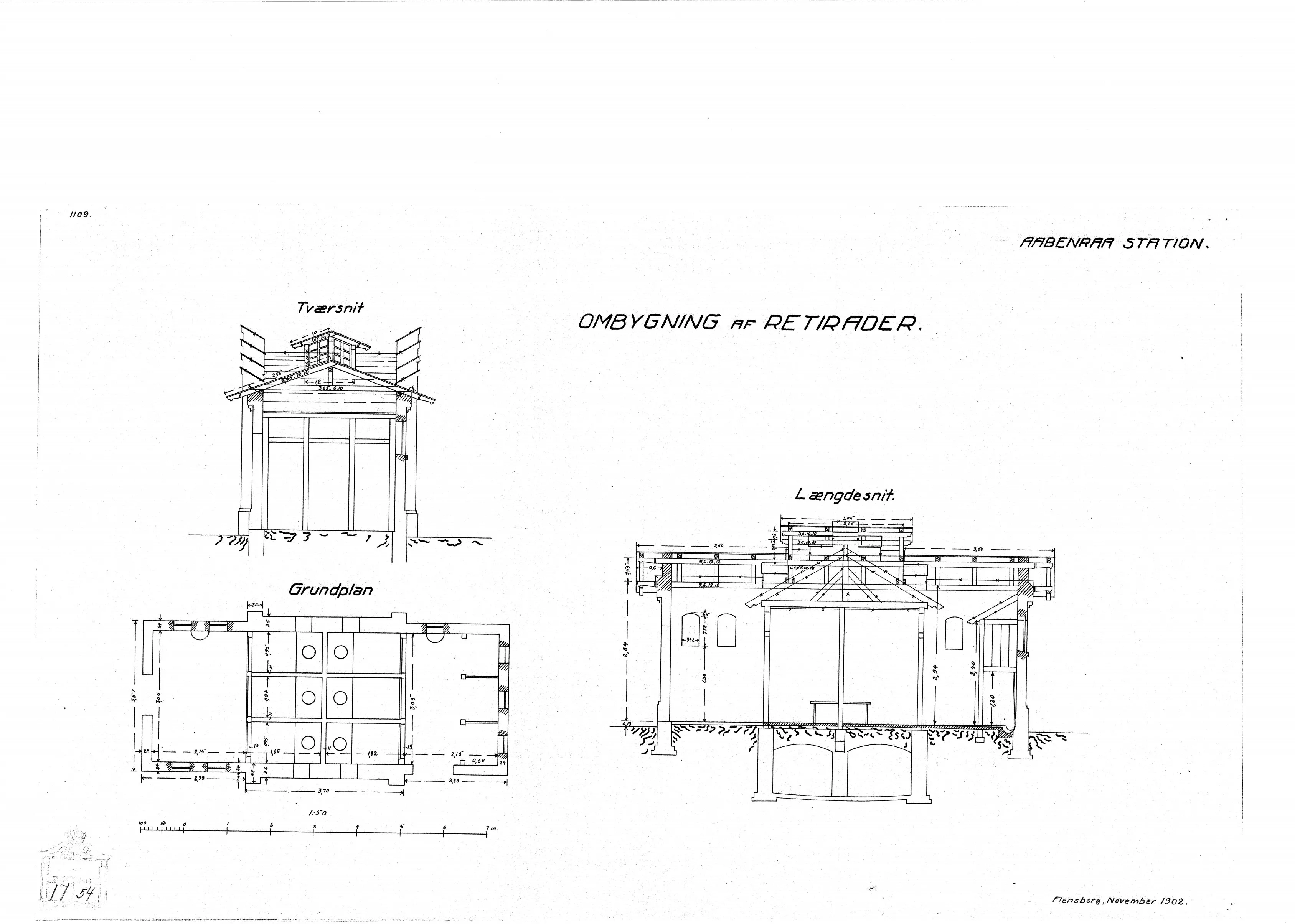 Tegning af Ombygning af retirader (Nytegning udført af DSB) ved Aabenraa Station.