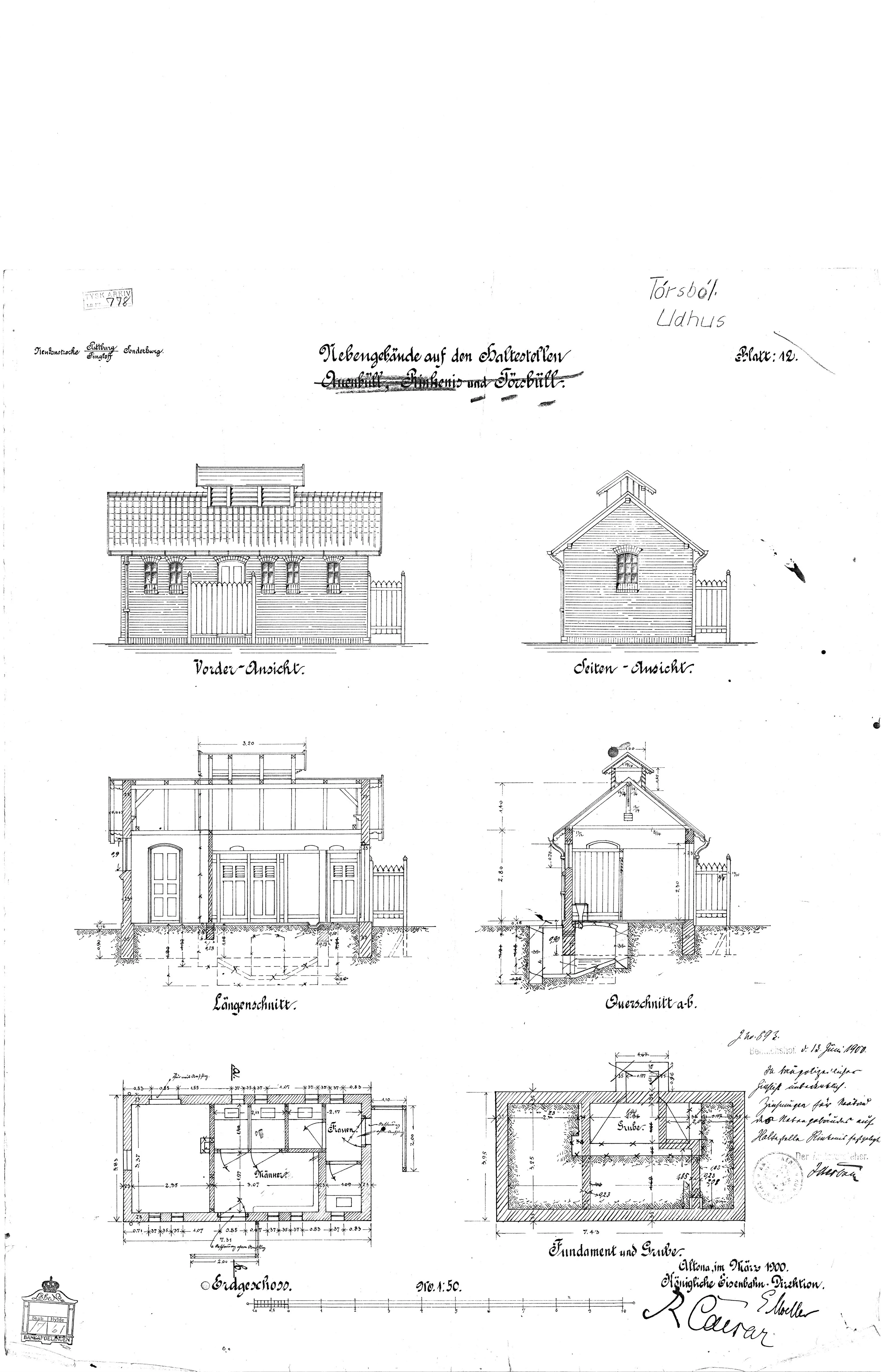 Tegning af udhus ved Avnbøl Station.