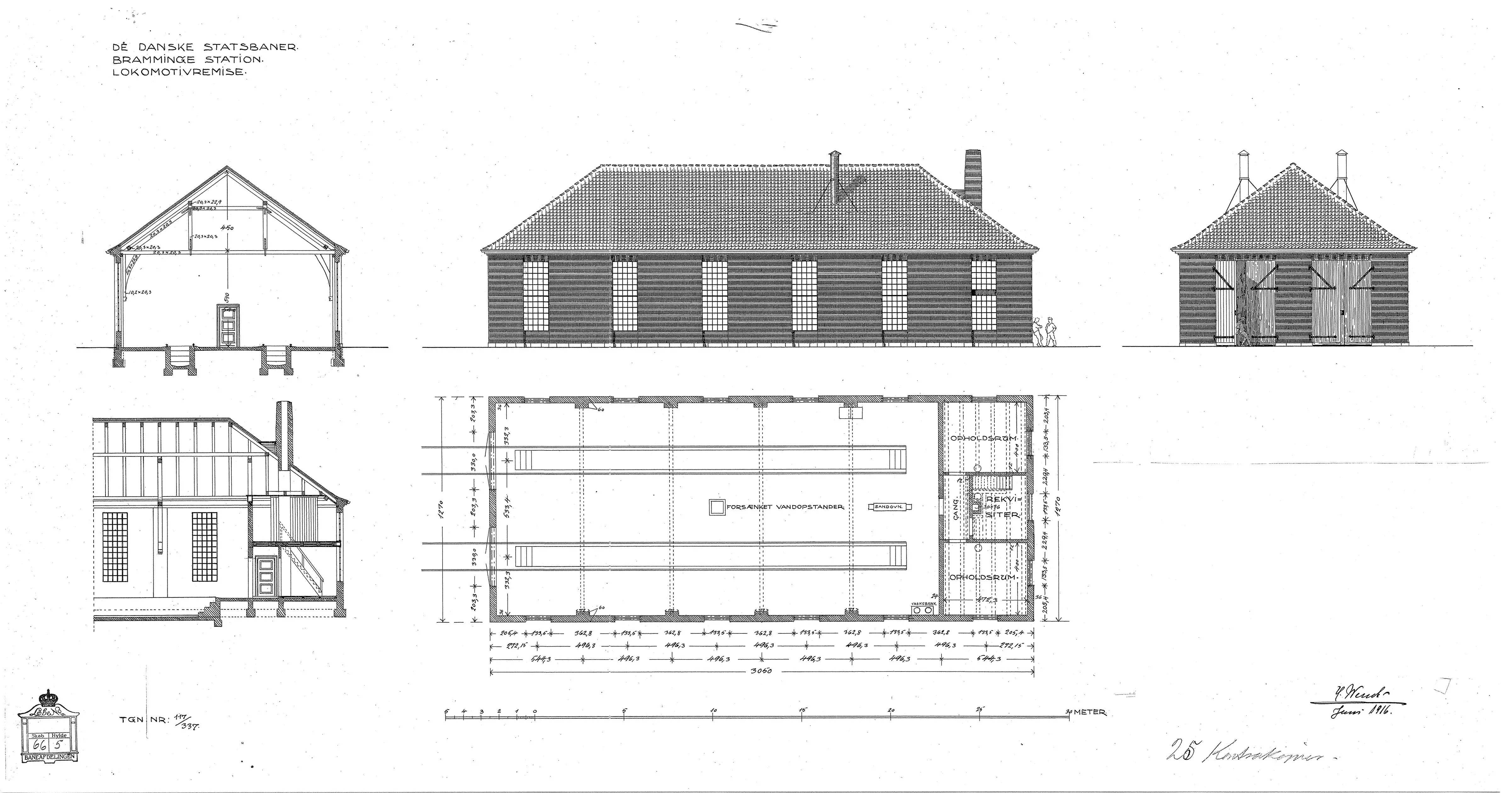 Tegning af Bramming Stations remise.