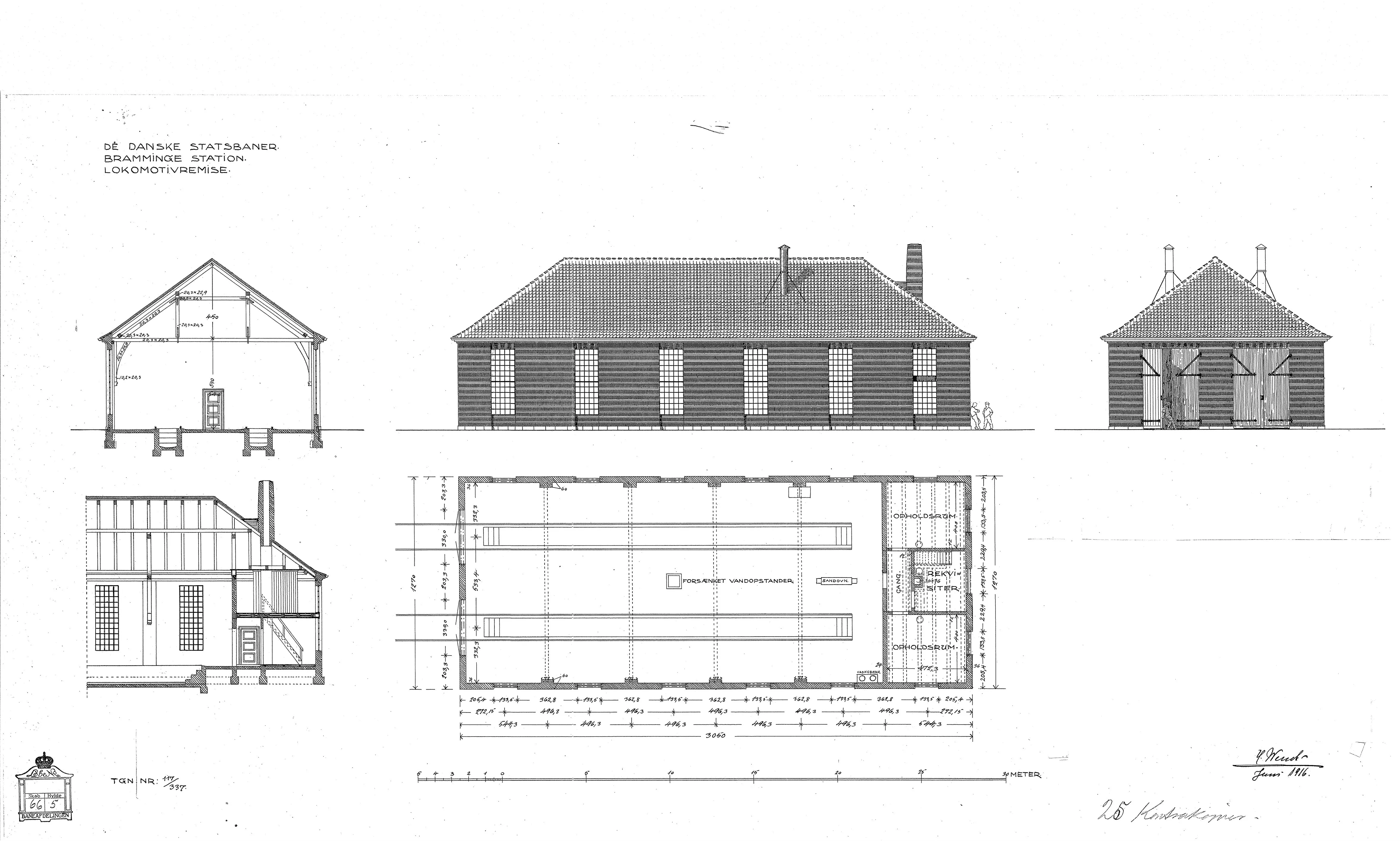 Tegning af Bramming Stations remise.