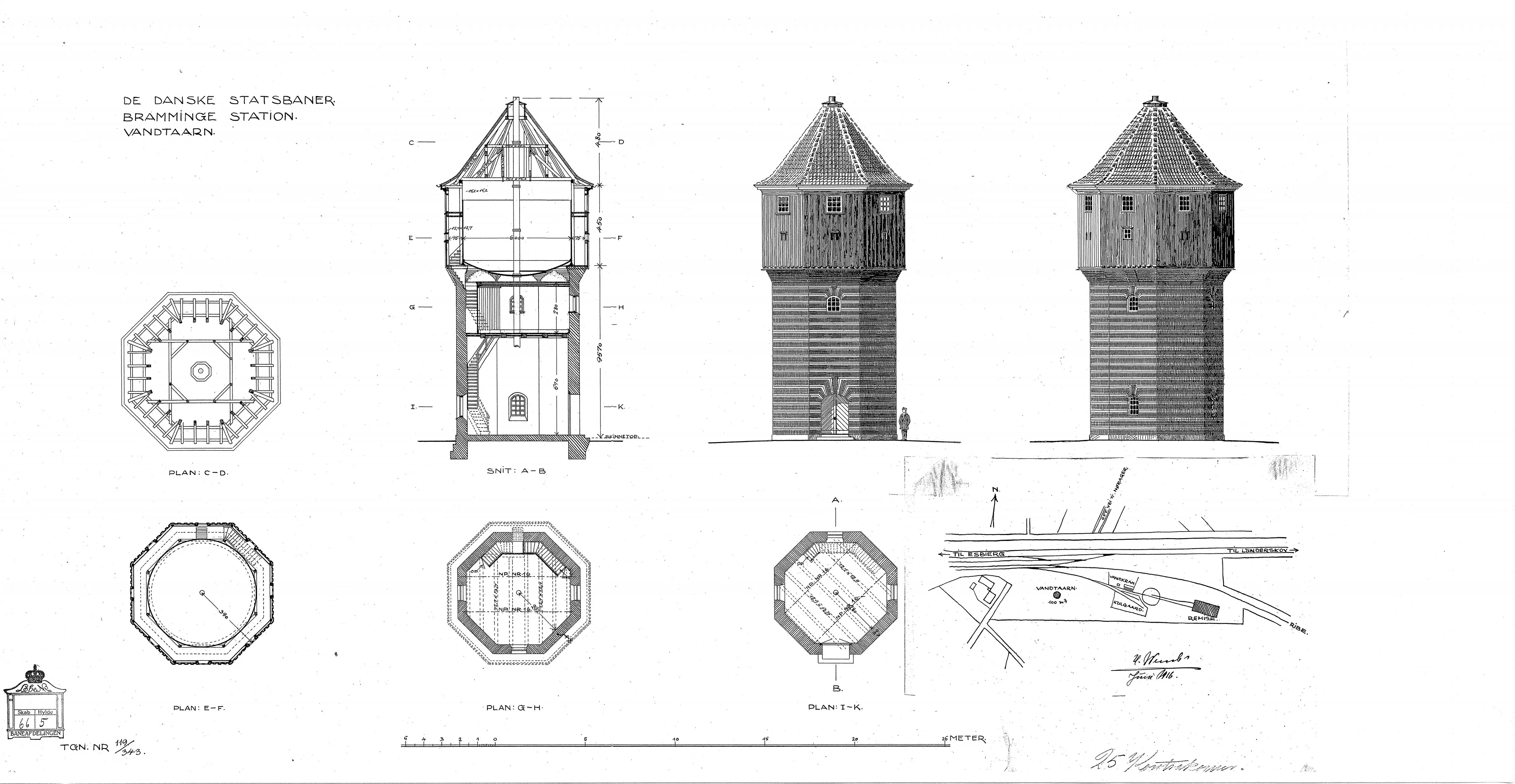 Tegning af Bramming Stations vandtårn. Tegning af Bramming Stations vandtårn.