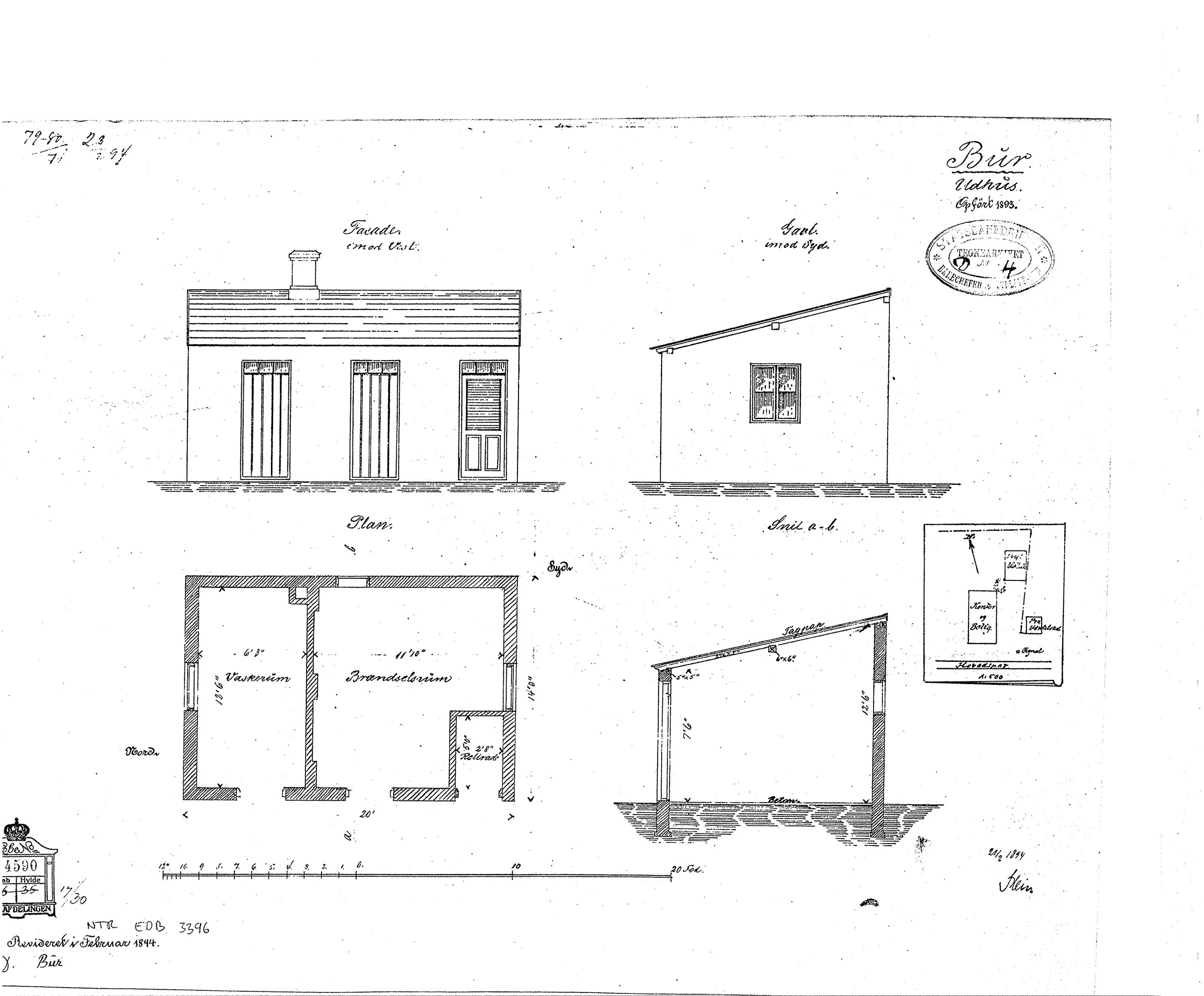 Tegning af Bur Billetsalgssteds Udhus opført 1893. Sign.: Stein. Tegning af Bur Billetsalgssteds Udhus opført 1893. Sign.: Stein.