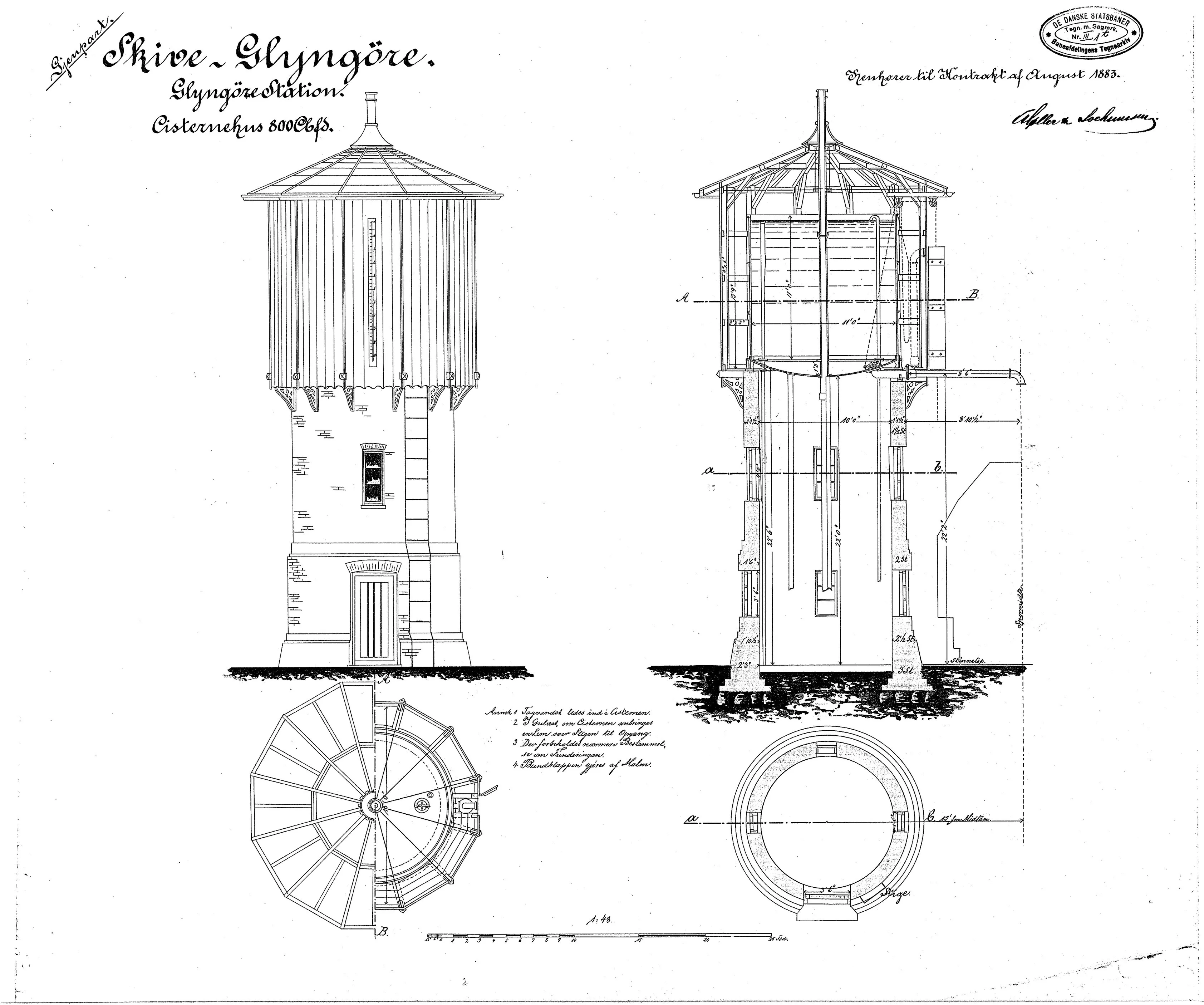 Tegning af Glyngøre Stations vandtårn.