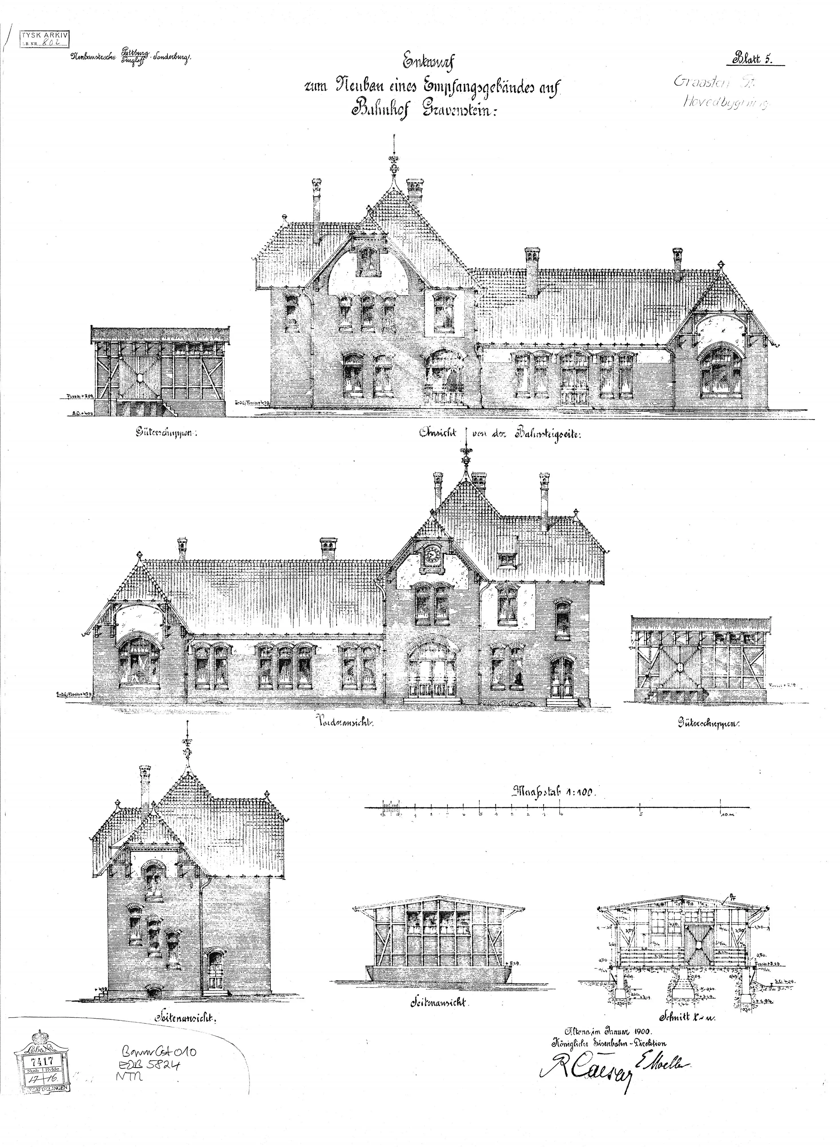 Tegning af Gråsten Station.