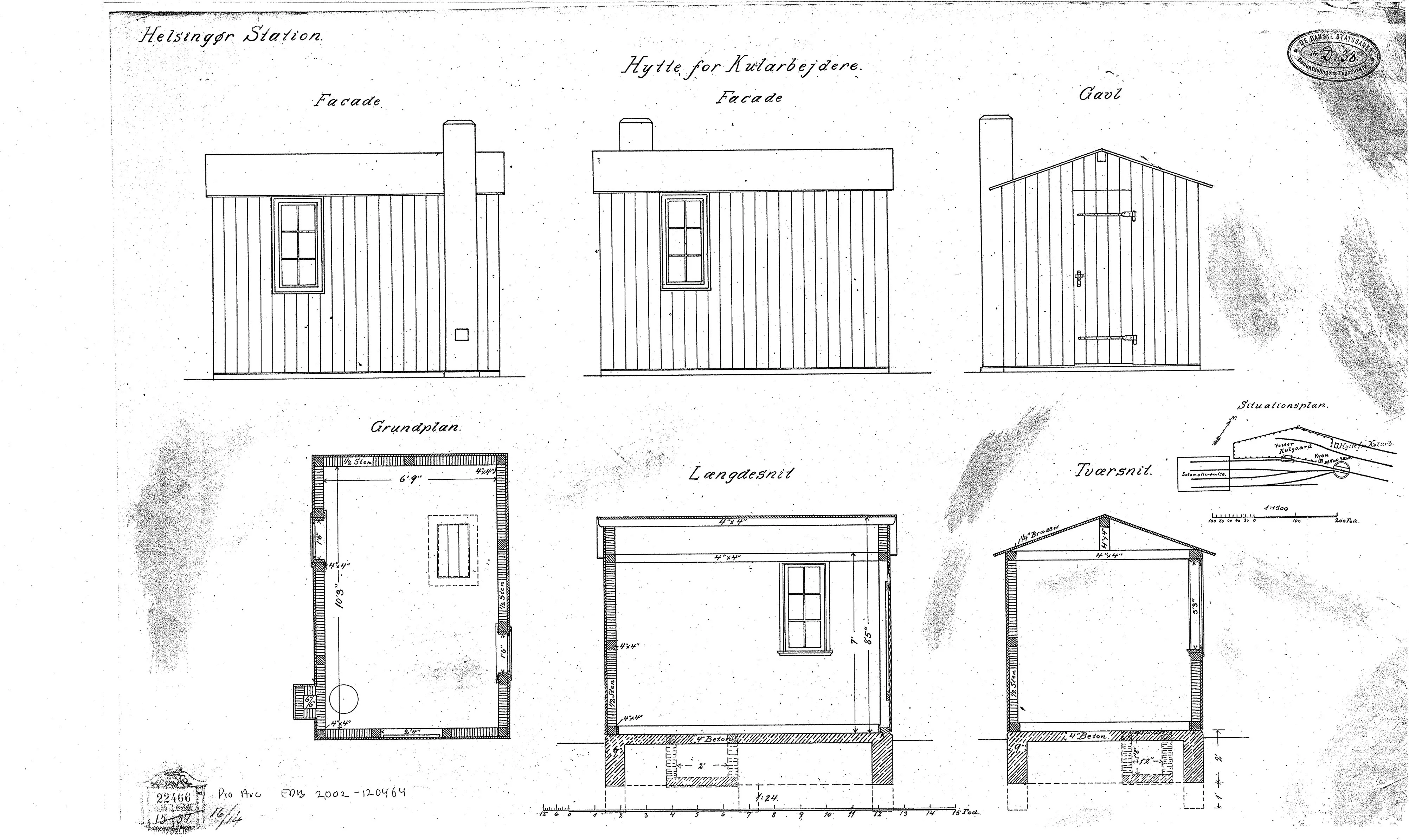 Tegning af Hytte for kularbejdere ved Helsingør Banegård.