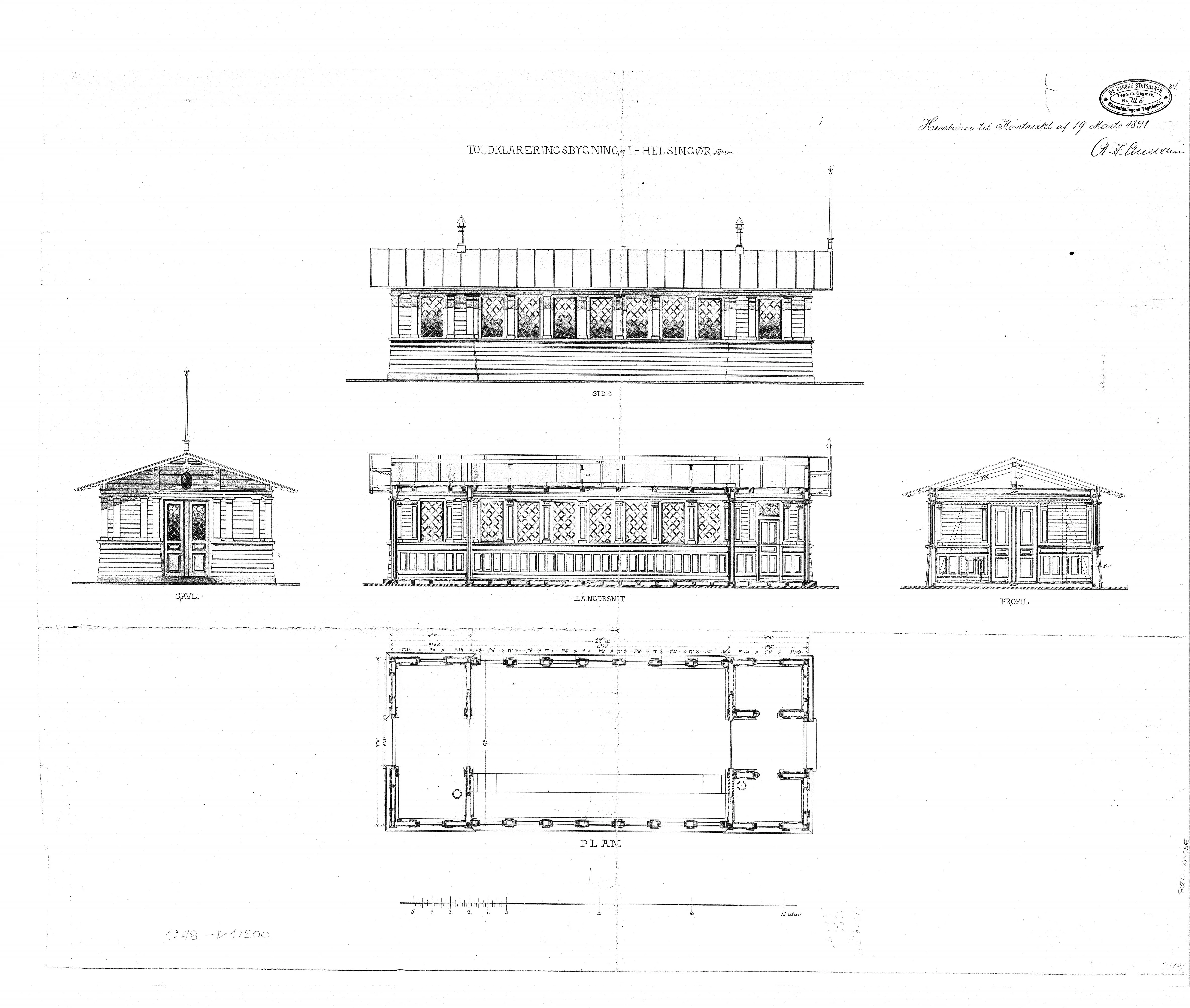 Tegning af Toldklareringsbygning ved Helsingør Banegård.