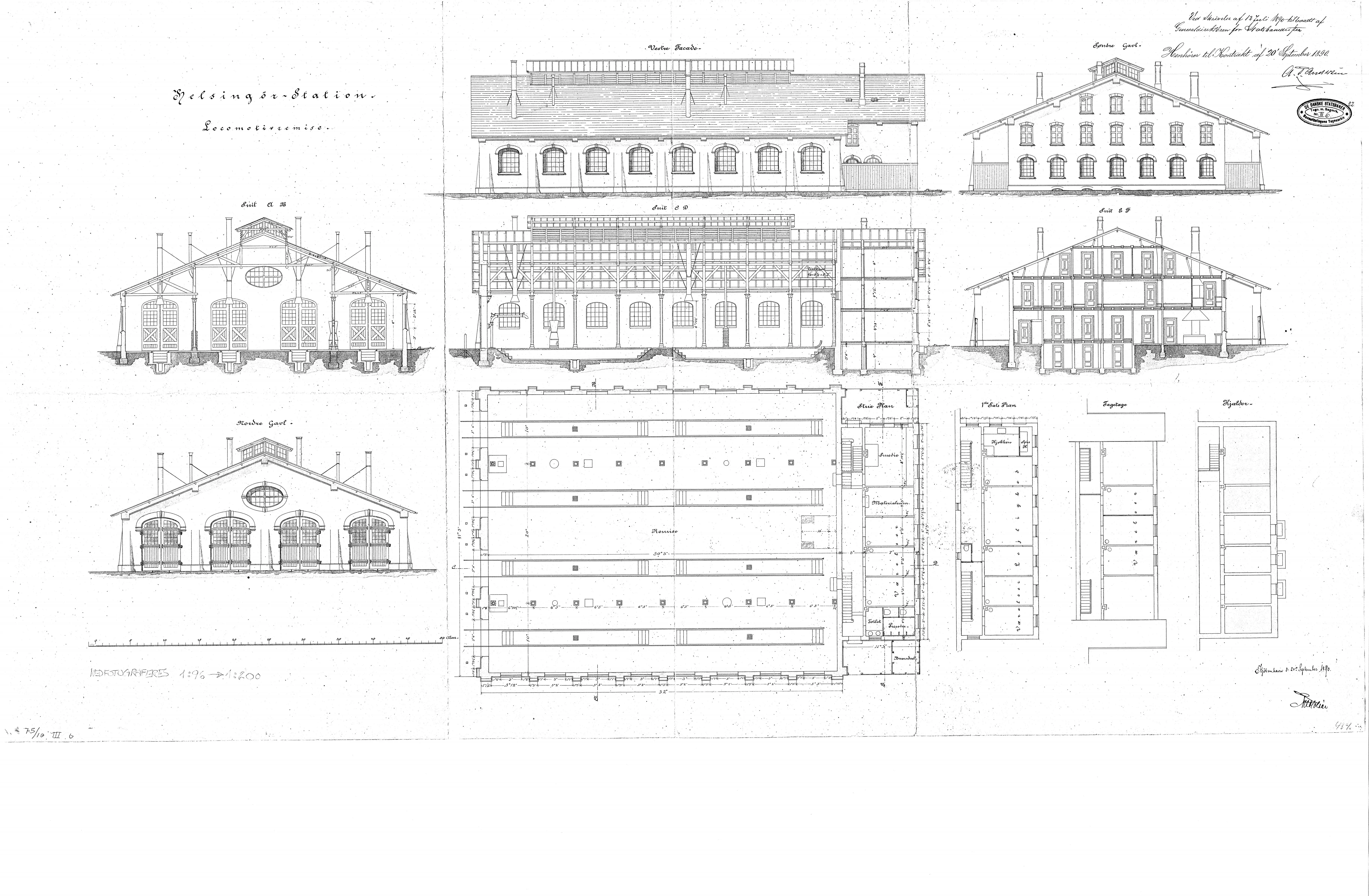 Tegning af Helsingør Banegårds remise.