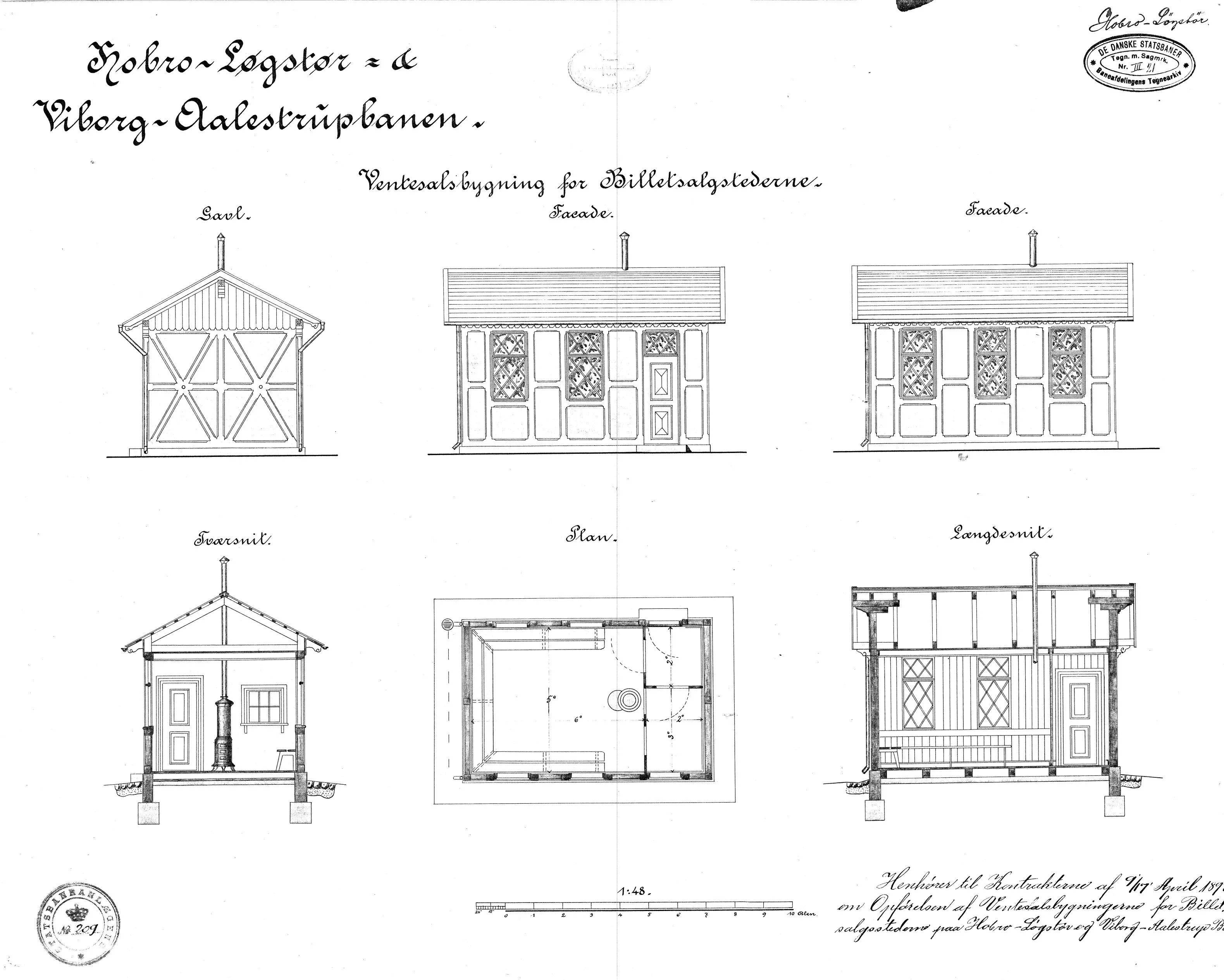 Tegning af Ventesalsbygning ved Skringstrup Billetsalgssted.