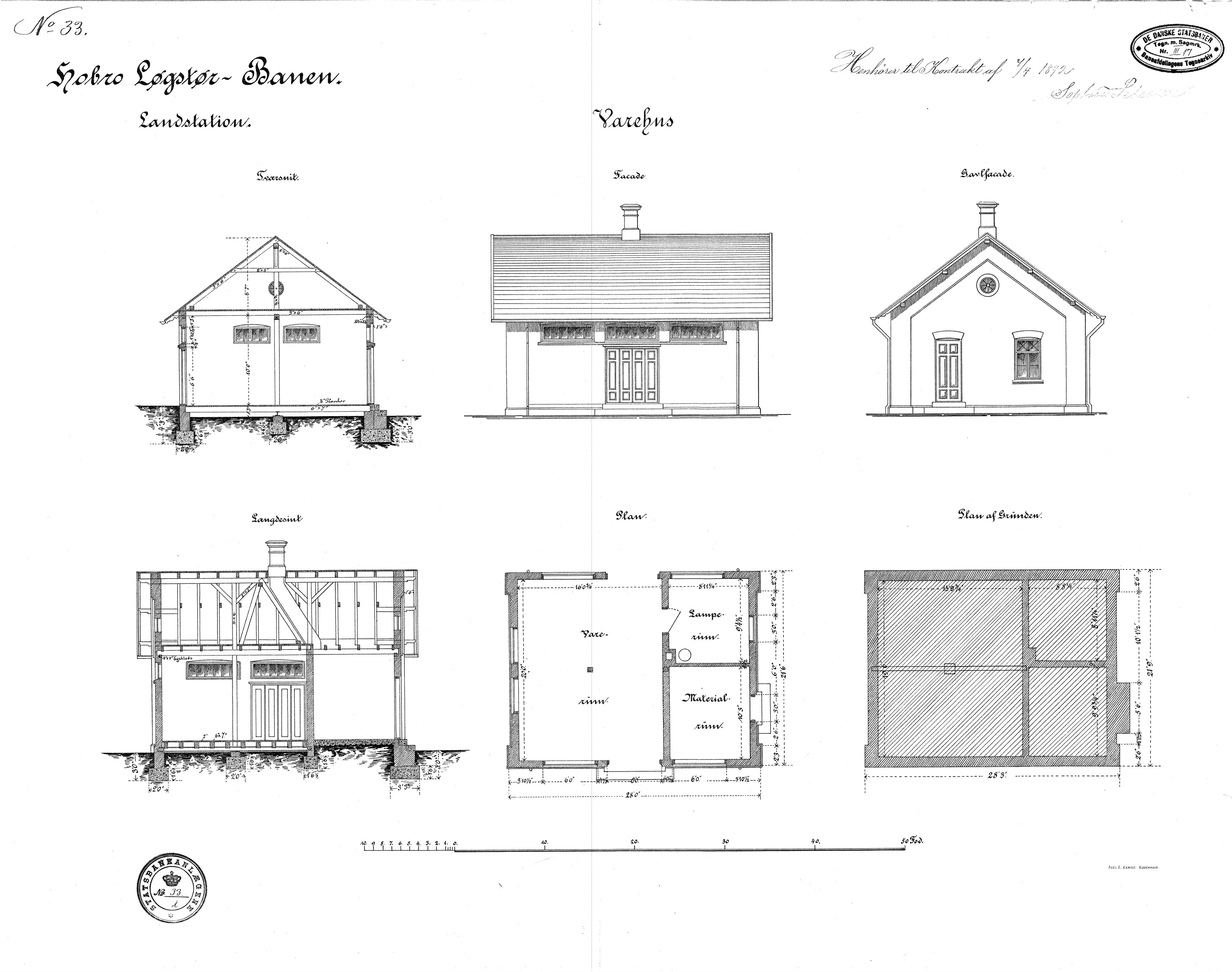 Tegning af Vindblæs Stations varehus.