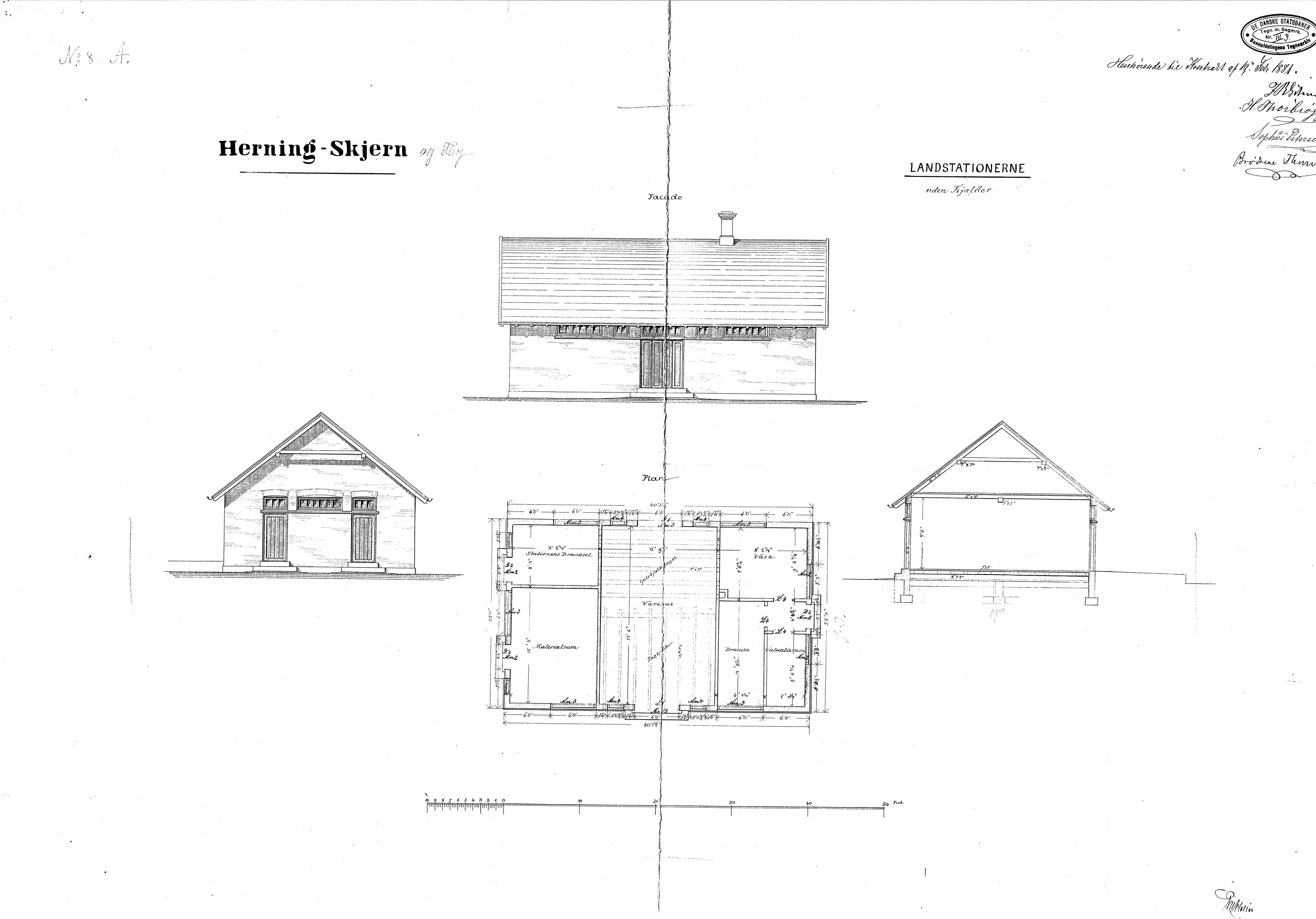 Tegning af Kibæk Stations varehus. Tegning af Kibæk Stations varehus.