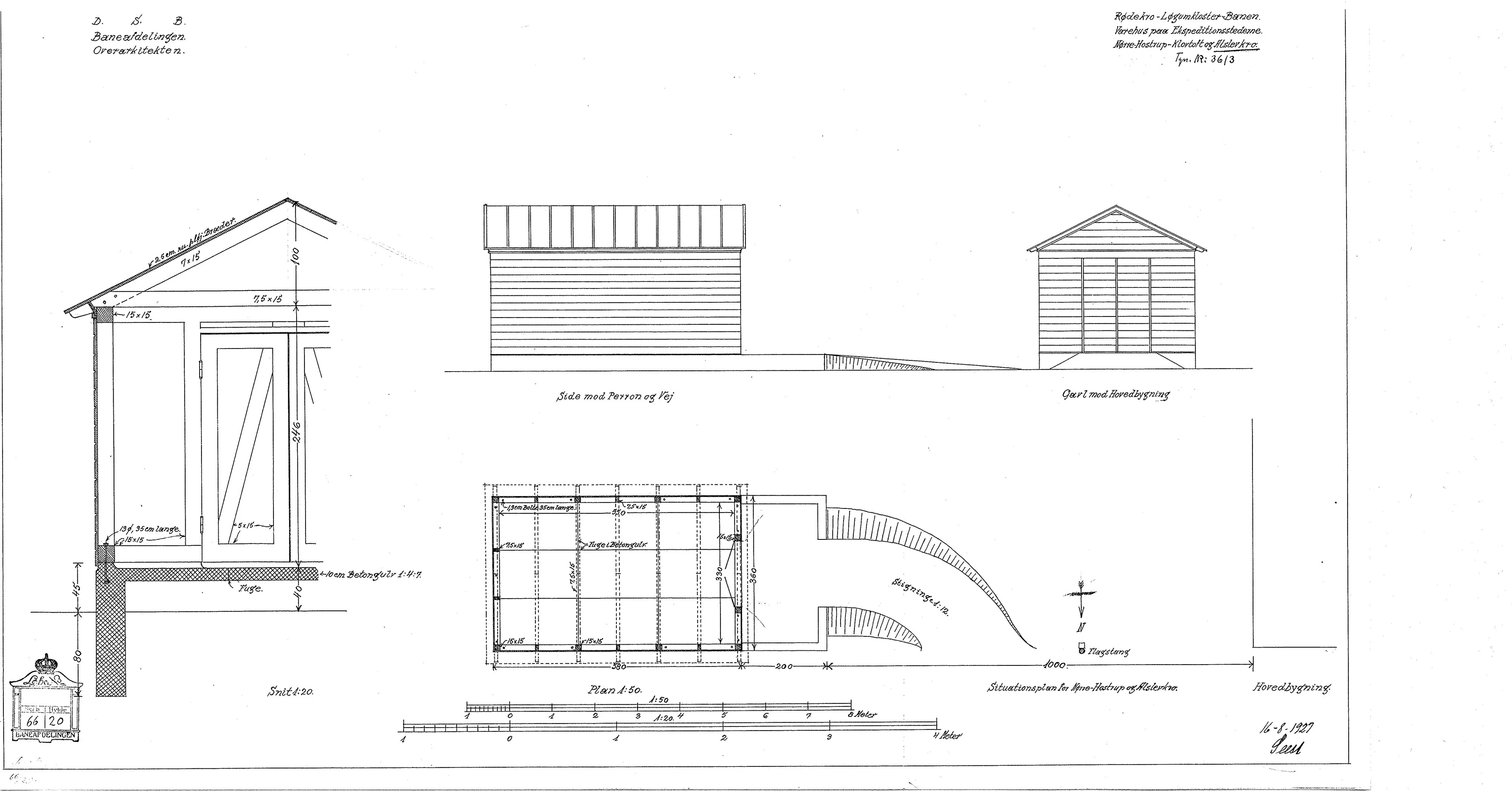 Tegning af Nørre-Hostrup Stations varehus.