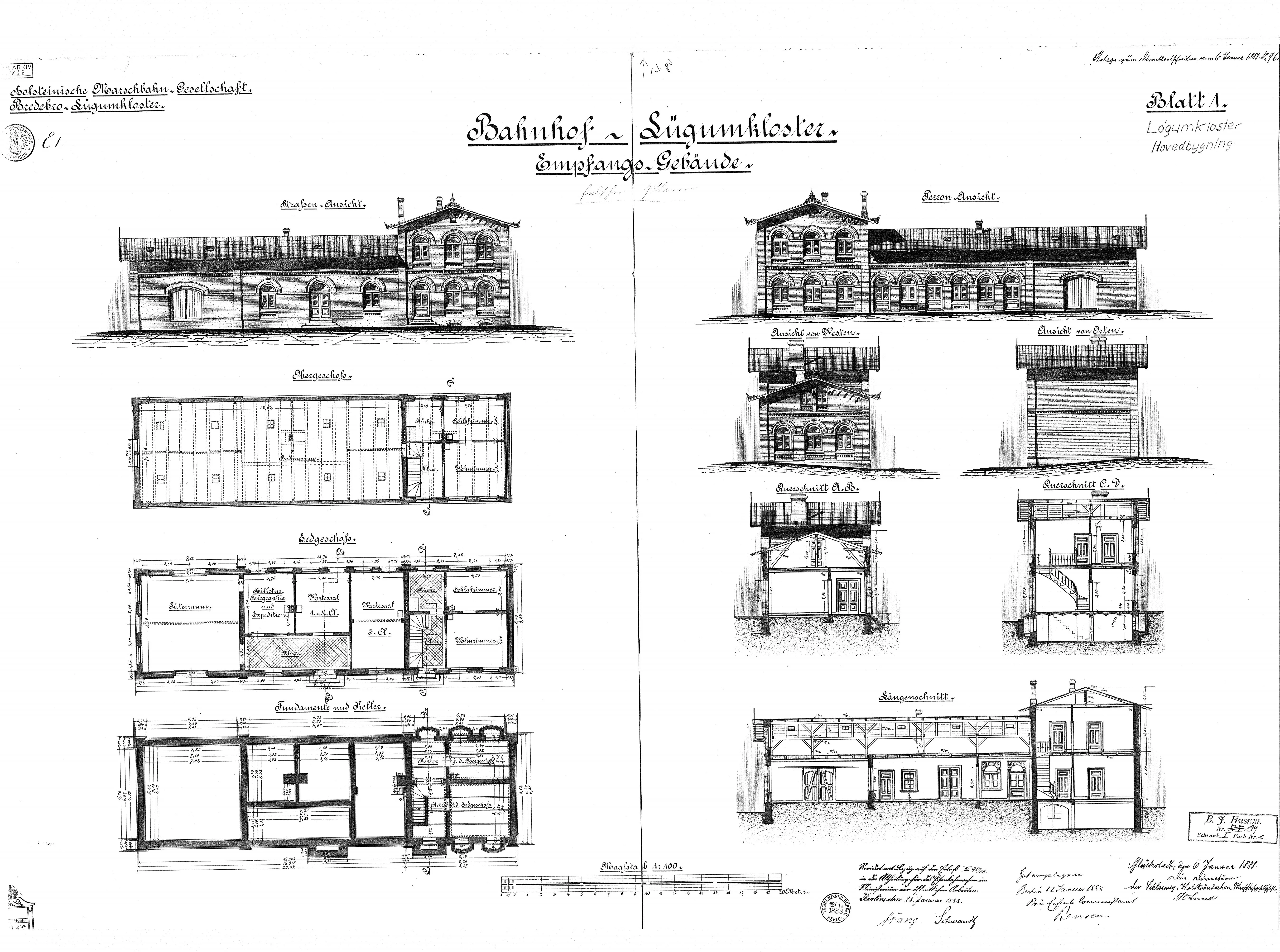 Tegning af Løgumkloster Statsbanegård. Tegning af Løgumkloster Statsbanegård.