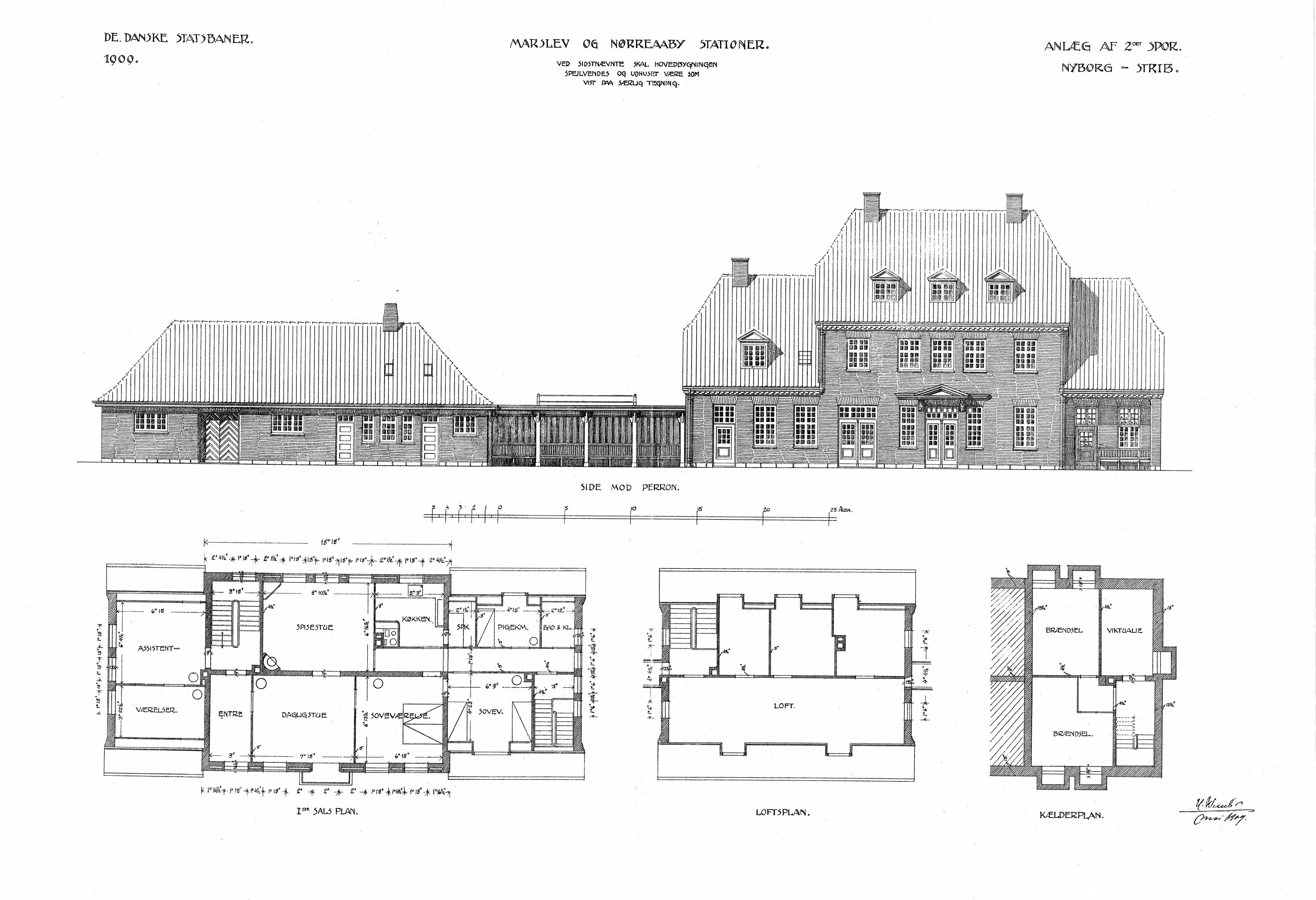 Tegning af Marslev Station.