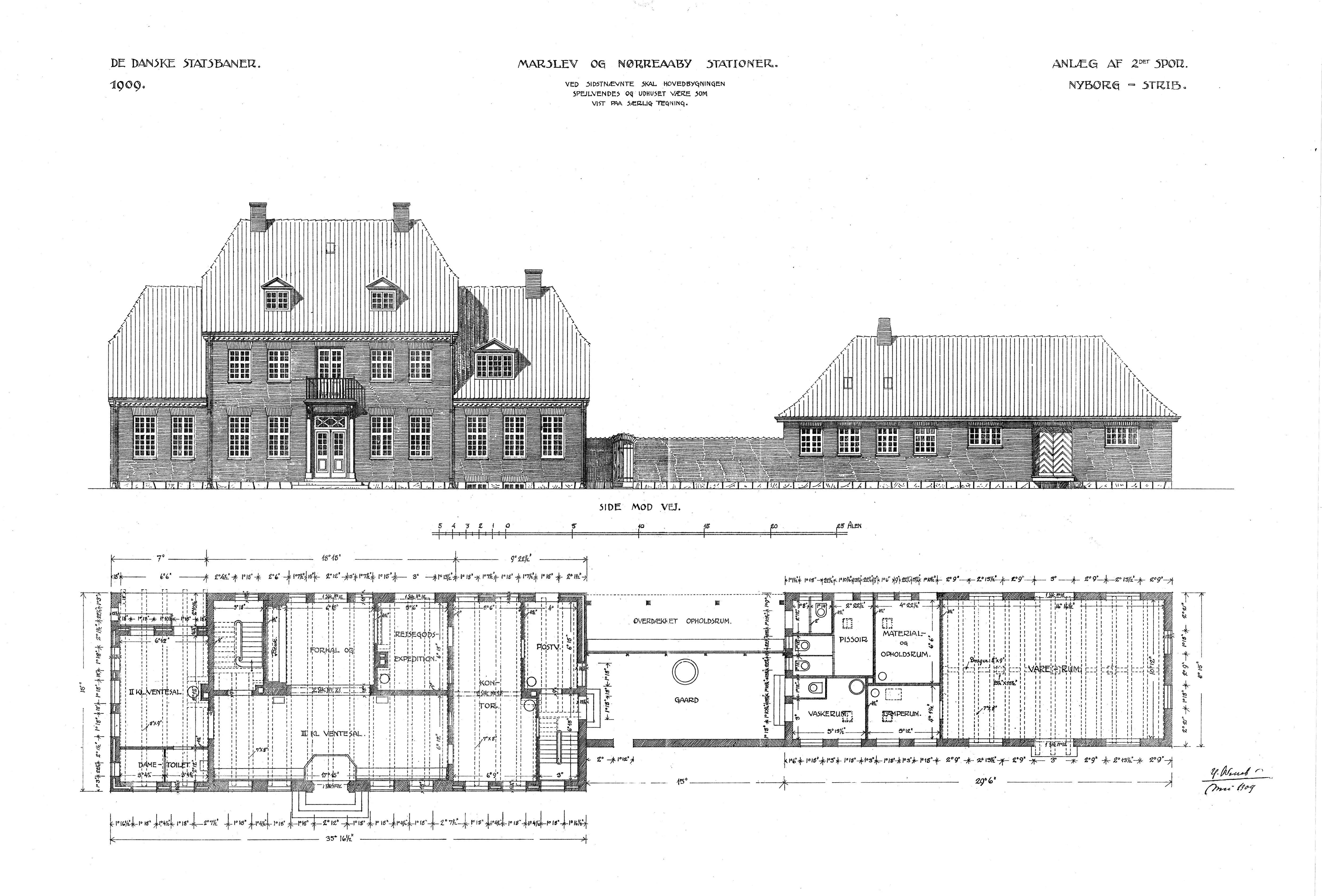 Tegning af Nørre Aaby Station.