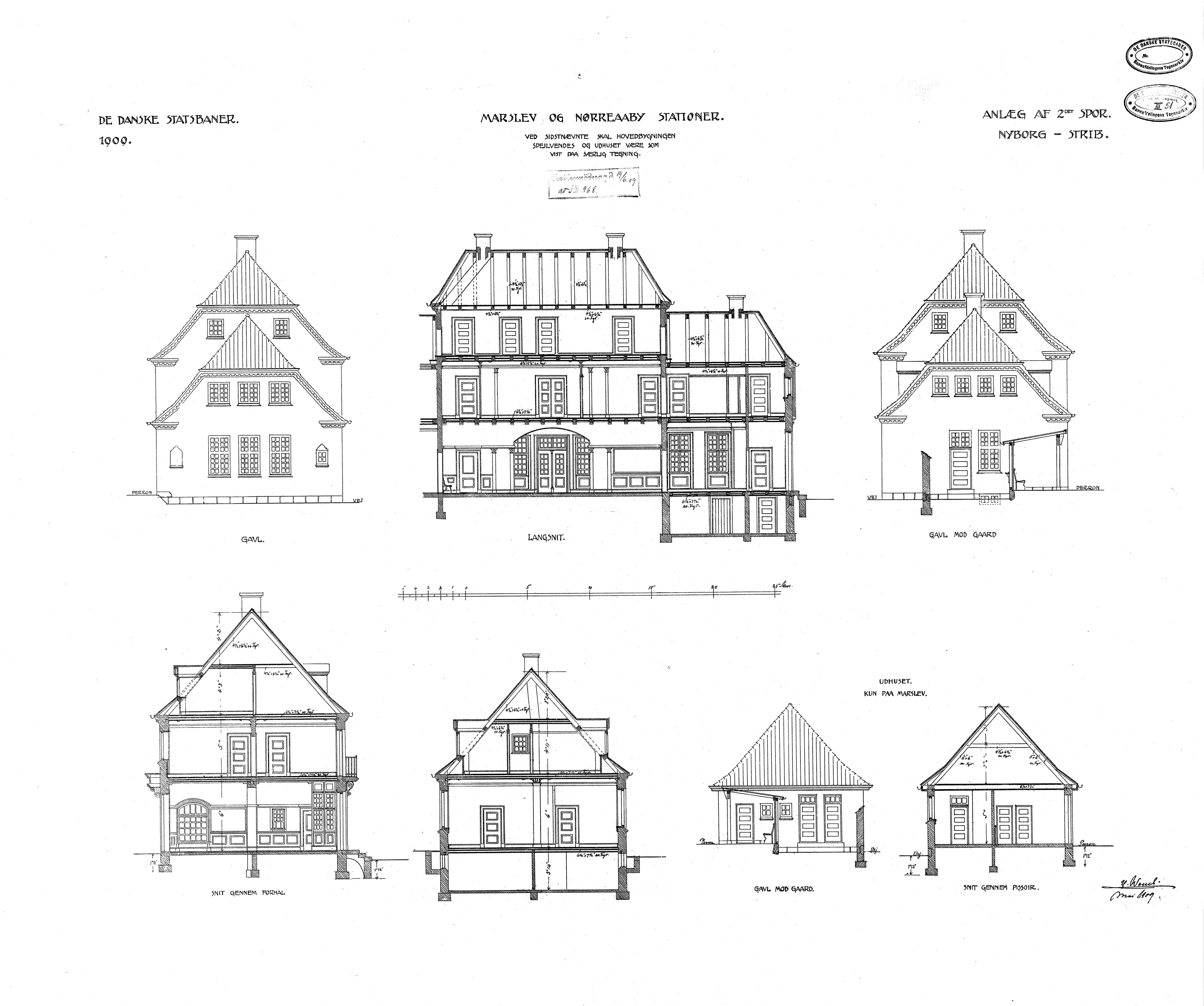 Tegning af Marslev Station.