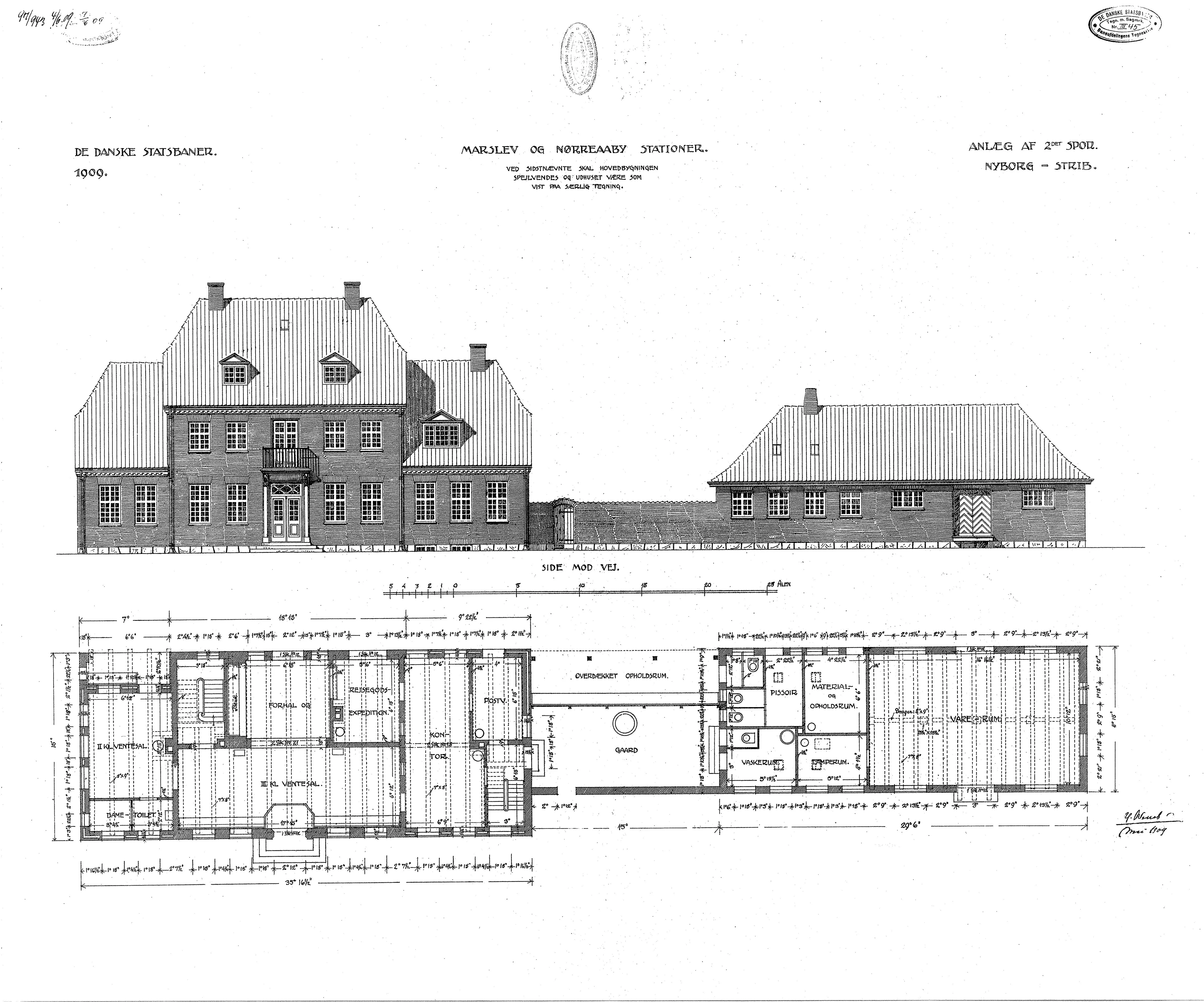 Tegning af Marslev Station.