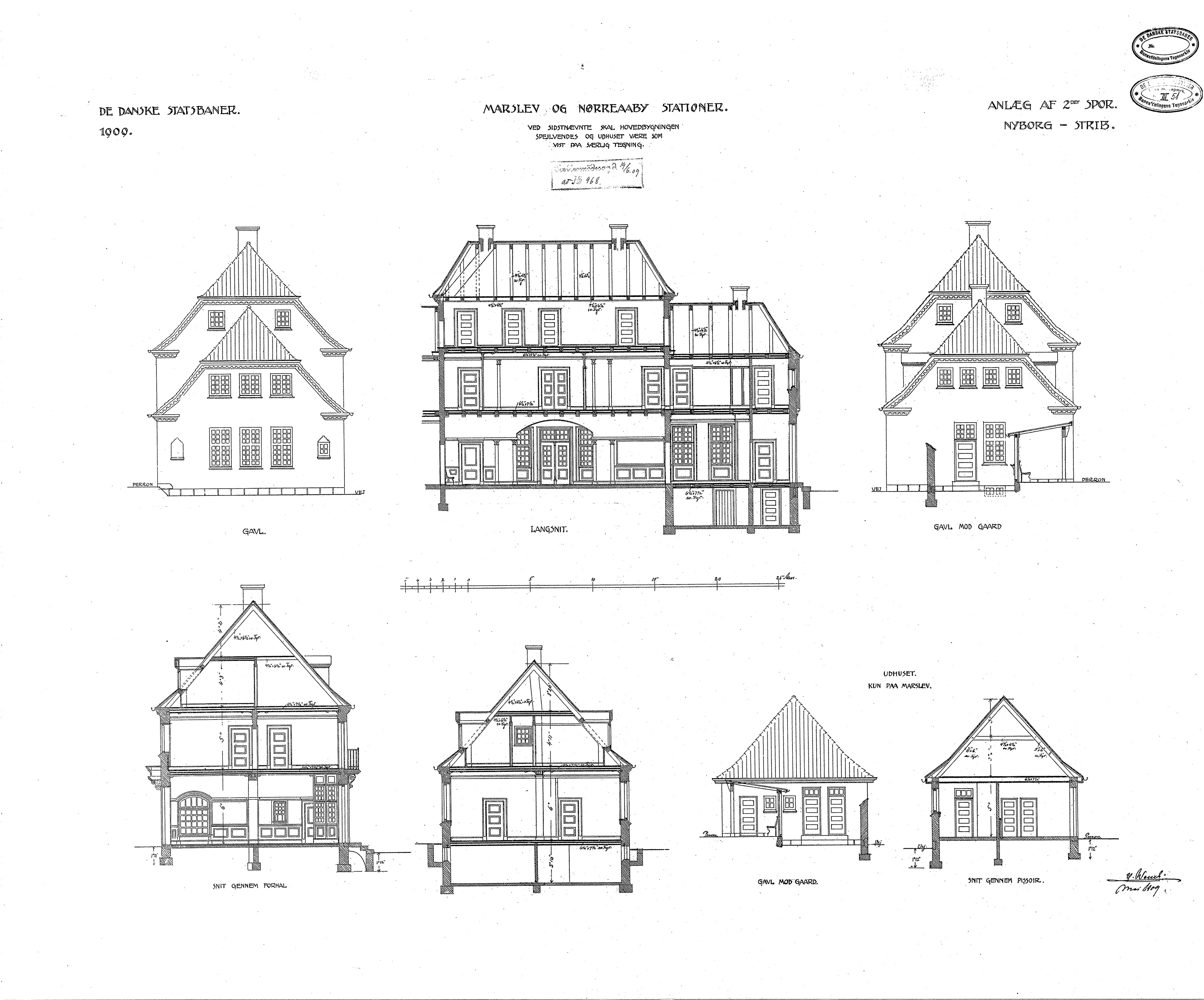 Tegning af Marslev Station.