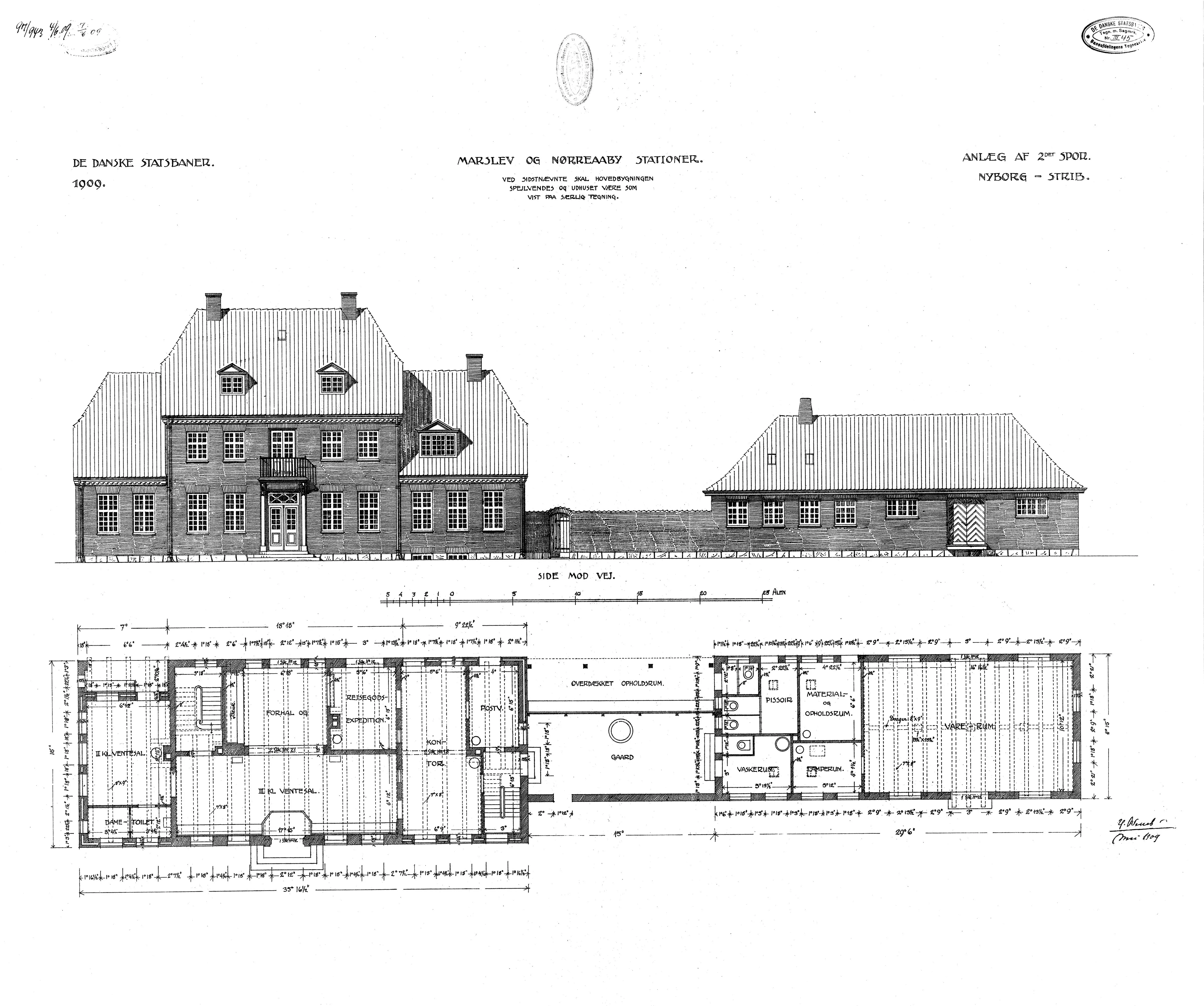 Tegning af Marslev Station.