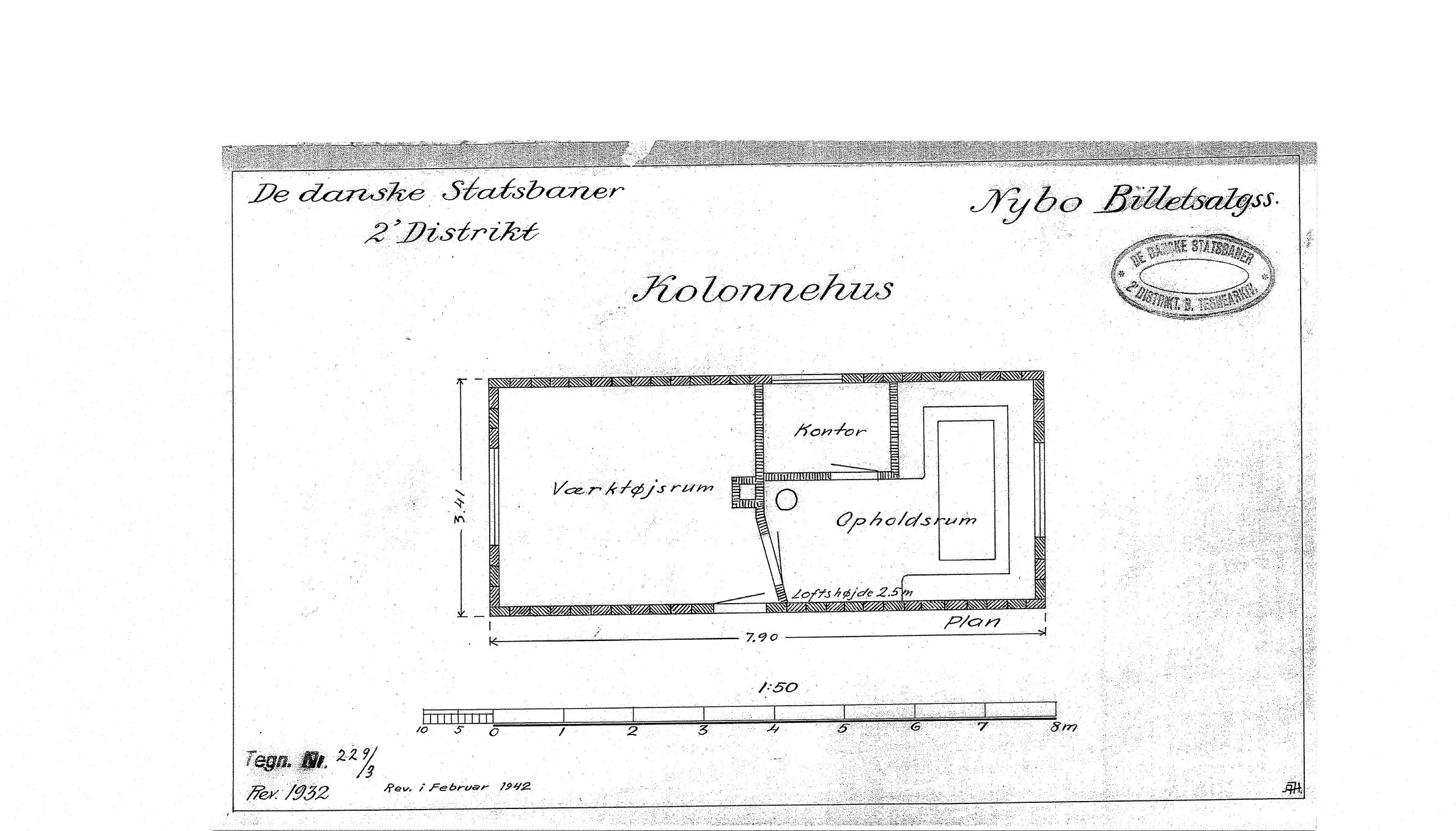 Tegning af Kolonnehus ved Nybo Billetsalgssted.