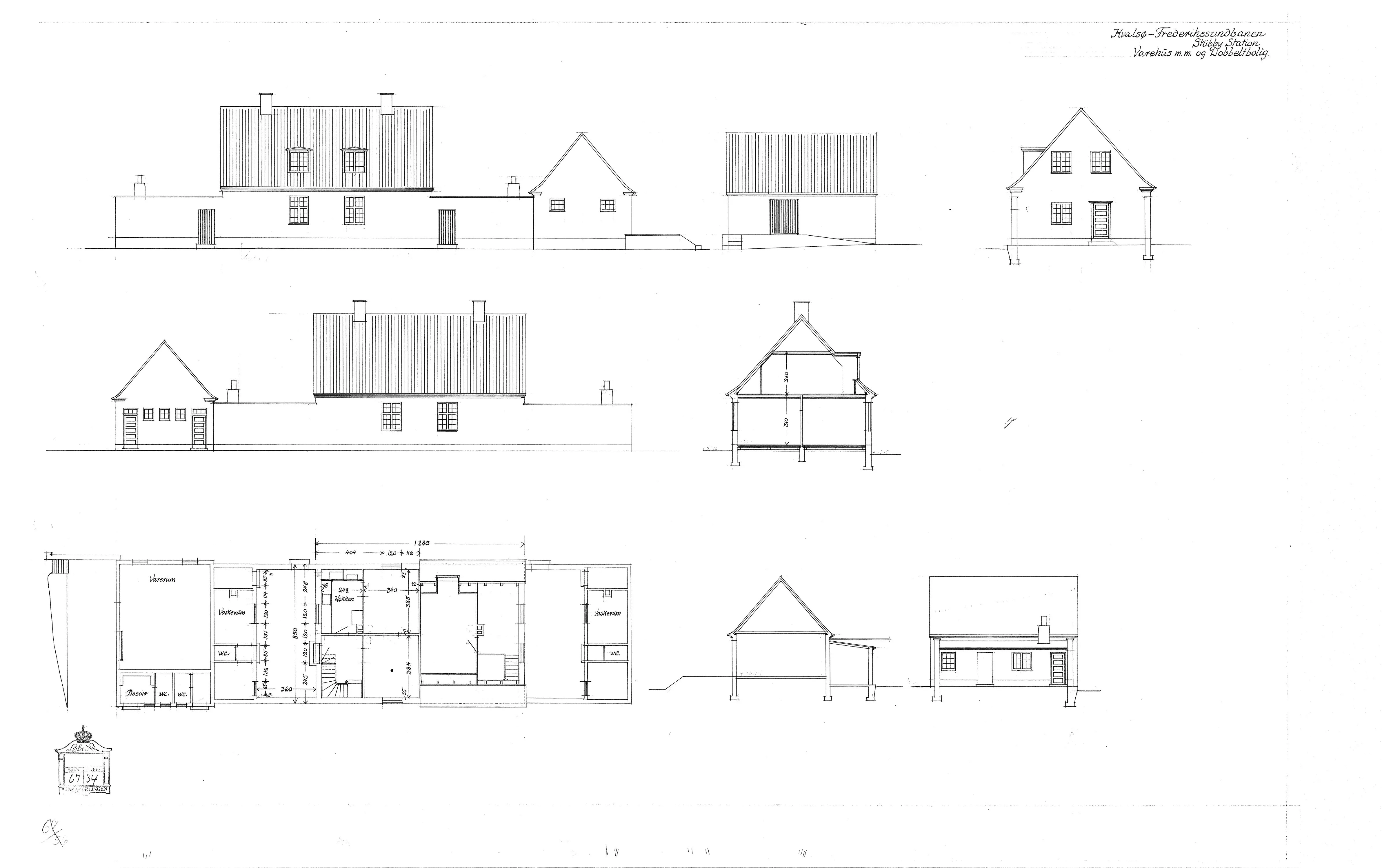 Tegning af Varehus m.m. og dobbeltbolig ved Skibby Station.