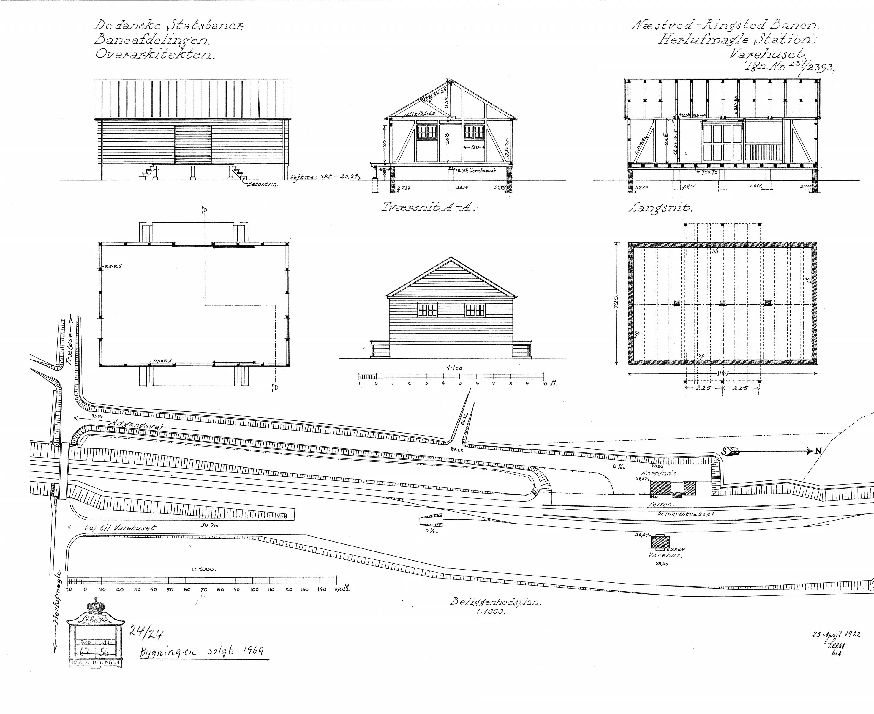 Tegning af Herlufmagle Stations varehus.