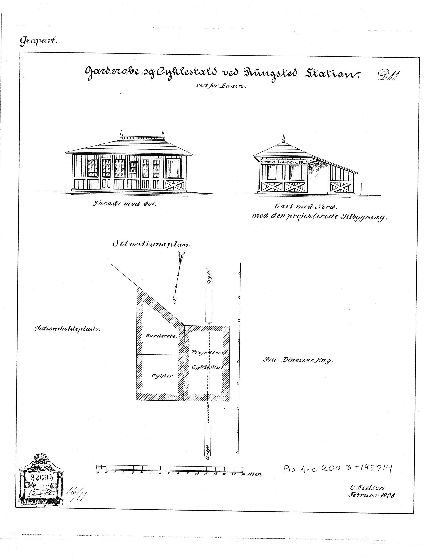 Tegning af Garderobe og cykelstald ved Rungsted Kyst Station.