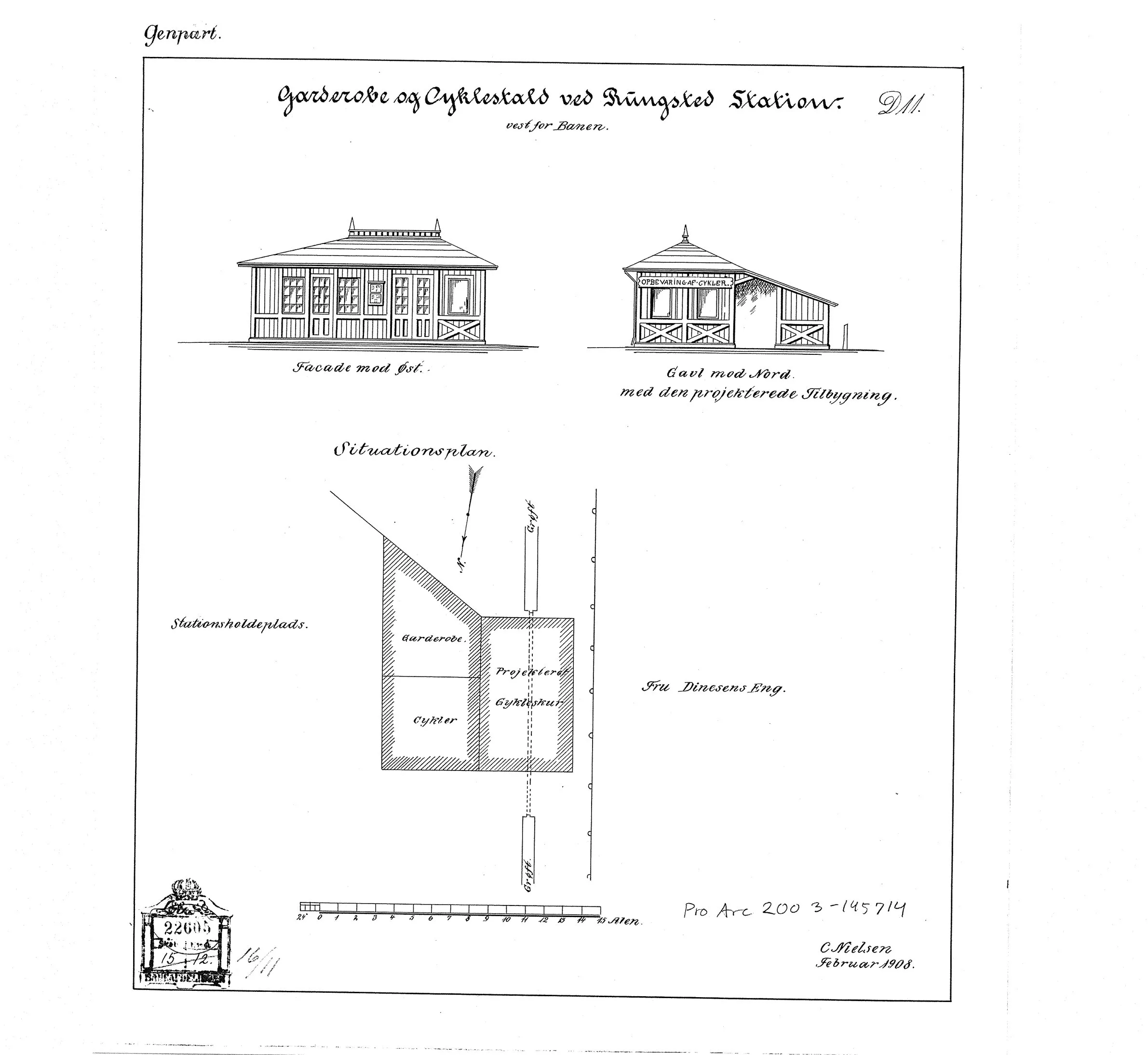 Tegning af Garderobe og cykelstald ved Rungsted Kyst Station.