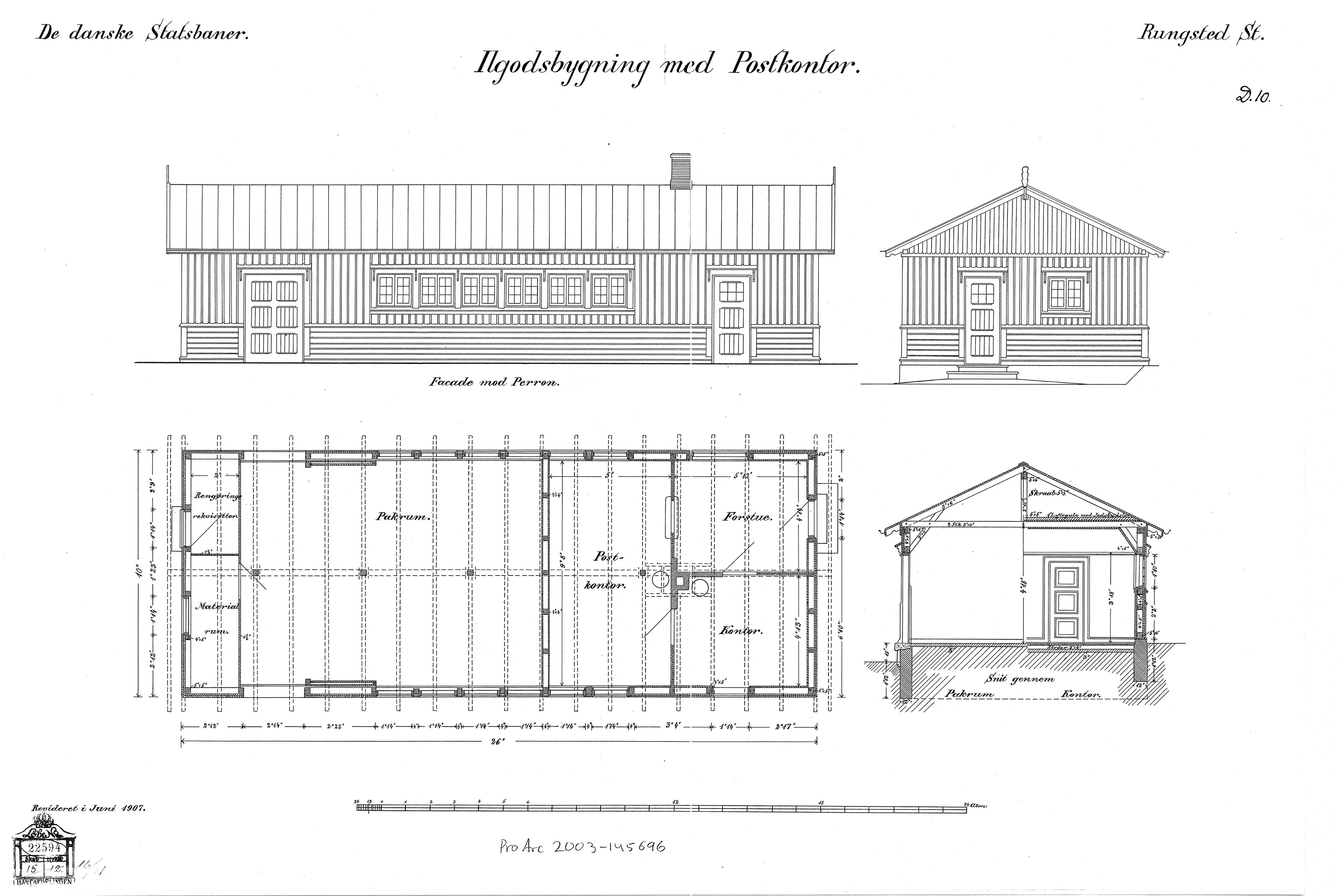 Tegning af Ilgodsbygning med postkontor ved Rungsted Kyst Station. Tegning af Ilgodsbygning med postkontor ved Rungsted Kyst Station.