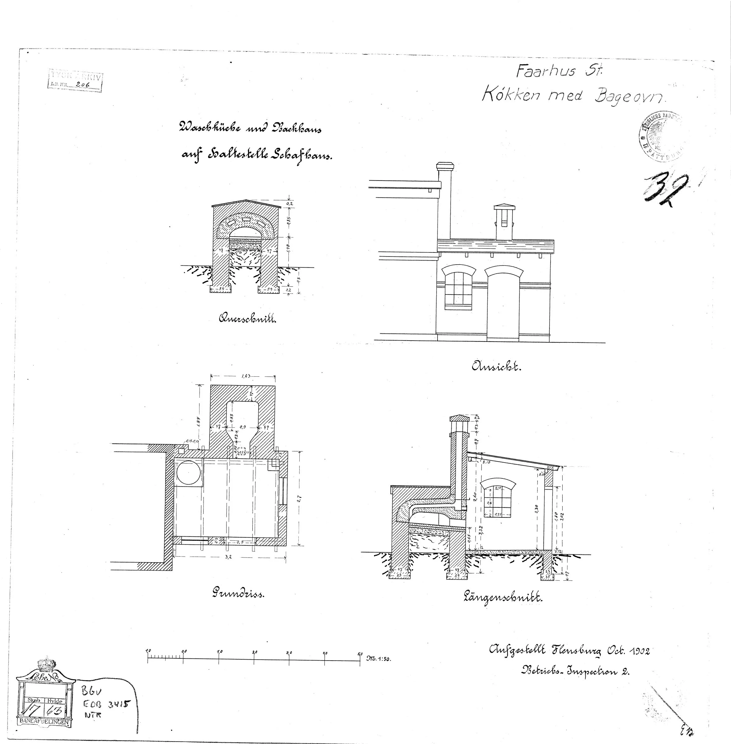 Tegning af Vaskehus med bageovn ved Fårhus Station.