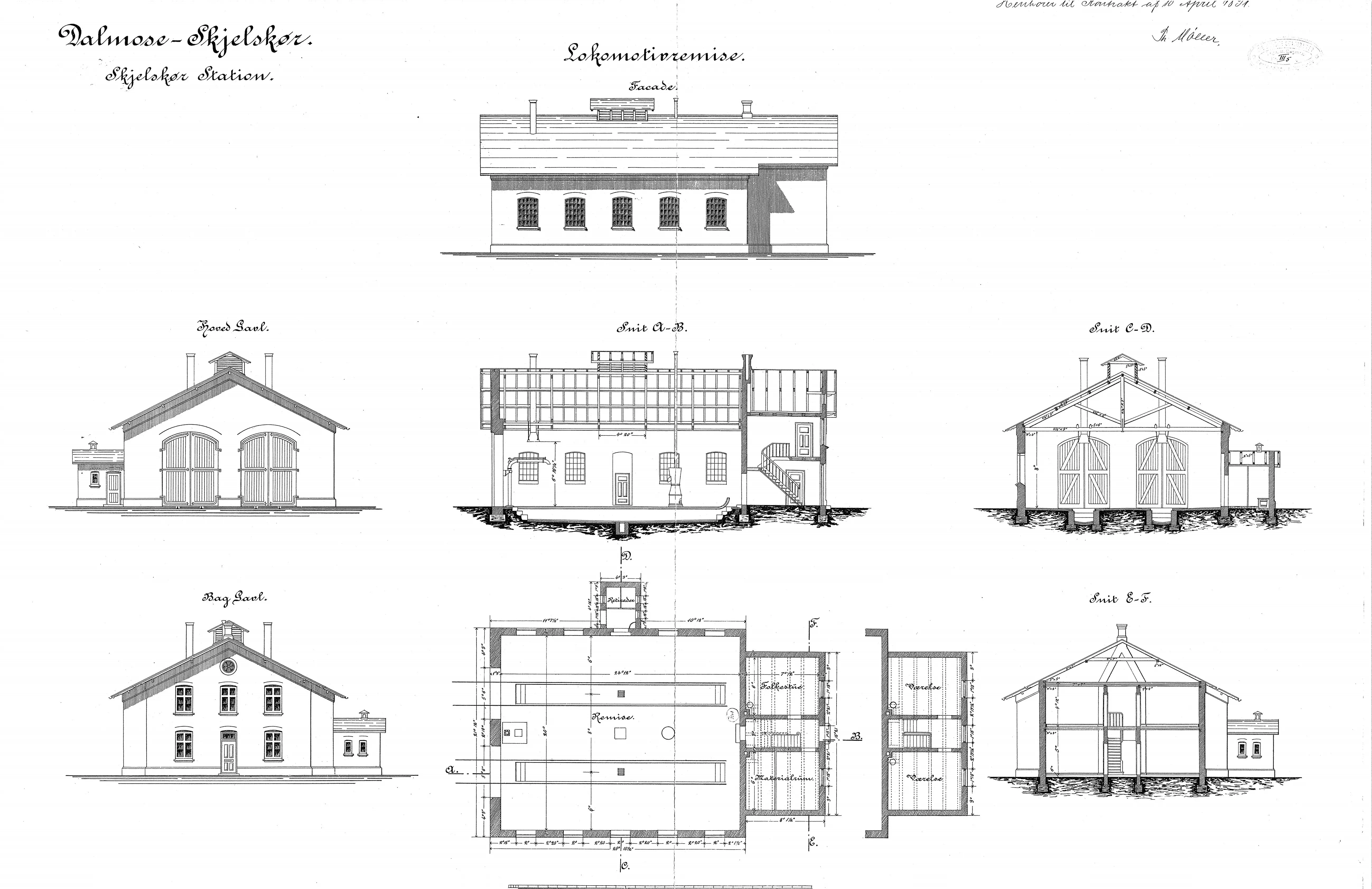 Tegning af Skælskør Stations remise. Tegning af Skælskør Stations remise.