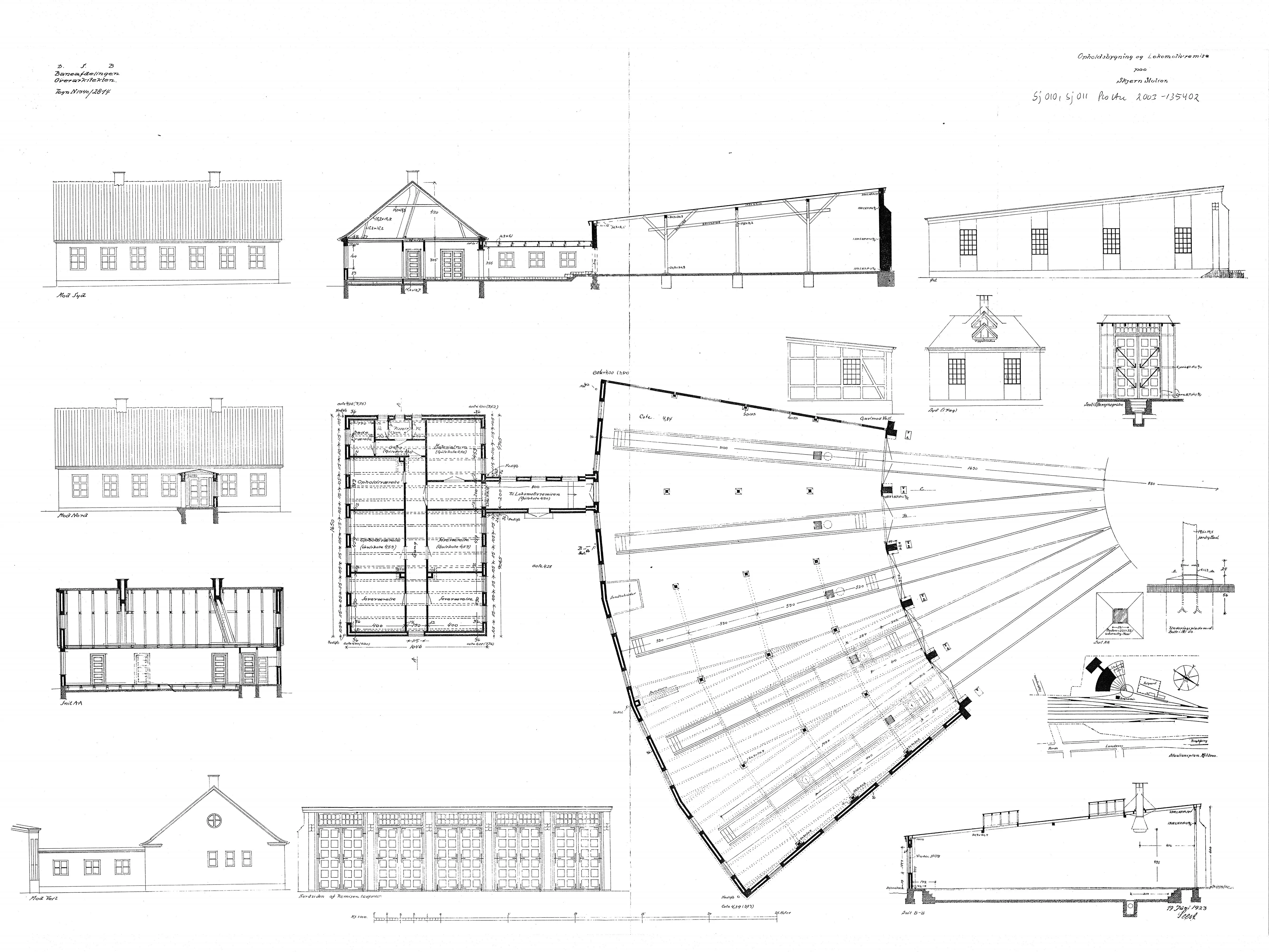 Tegning af Opholdsbygning og lokomotivremise ved Skjern Station.