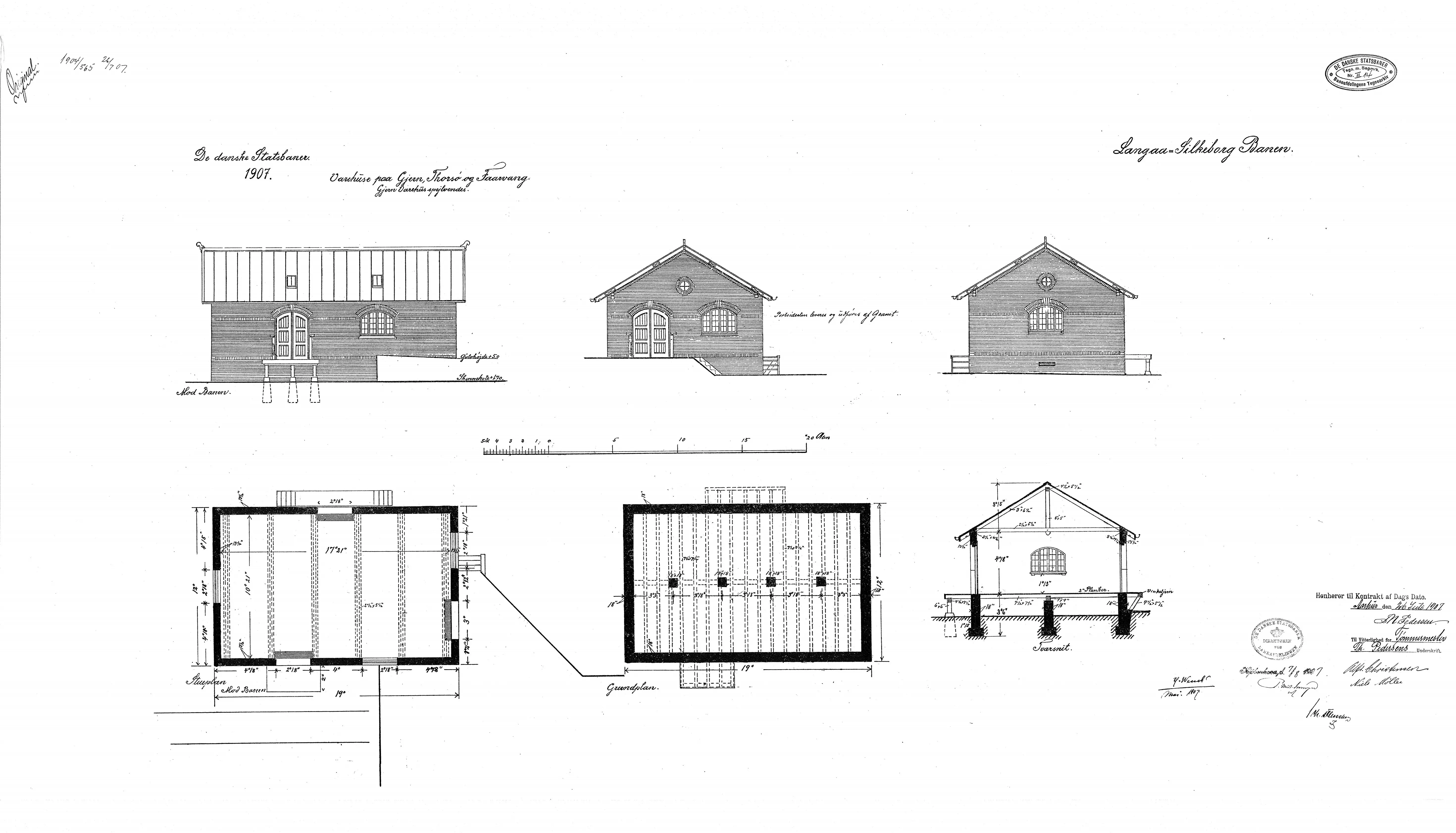 Tegning af Thorsø Stations varehus.