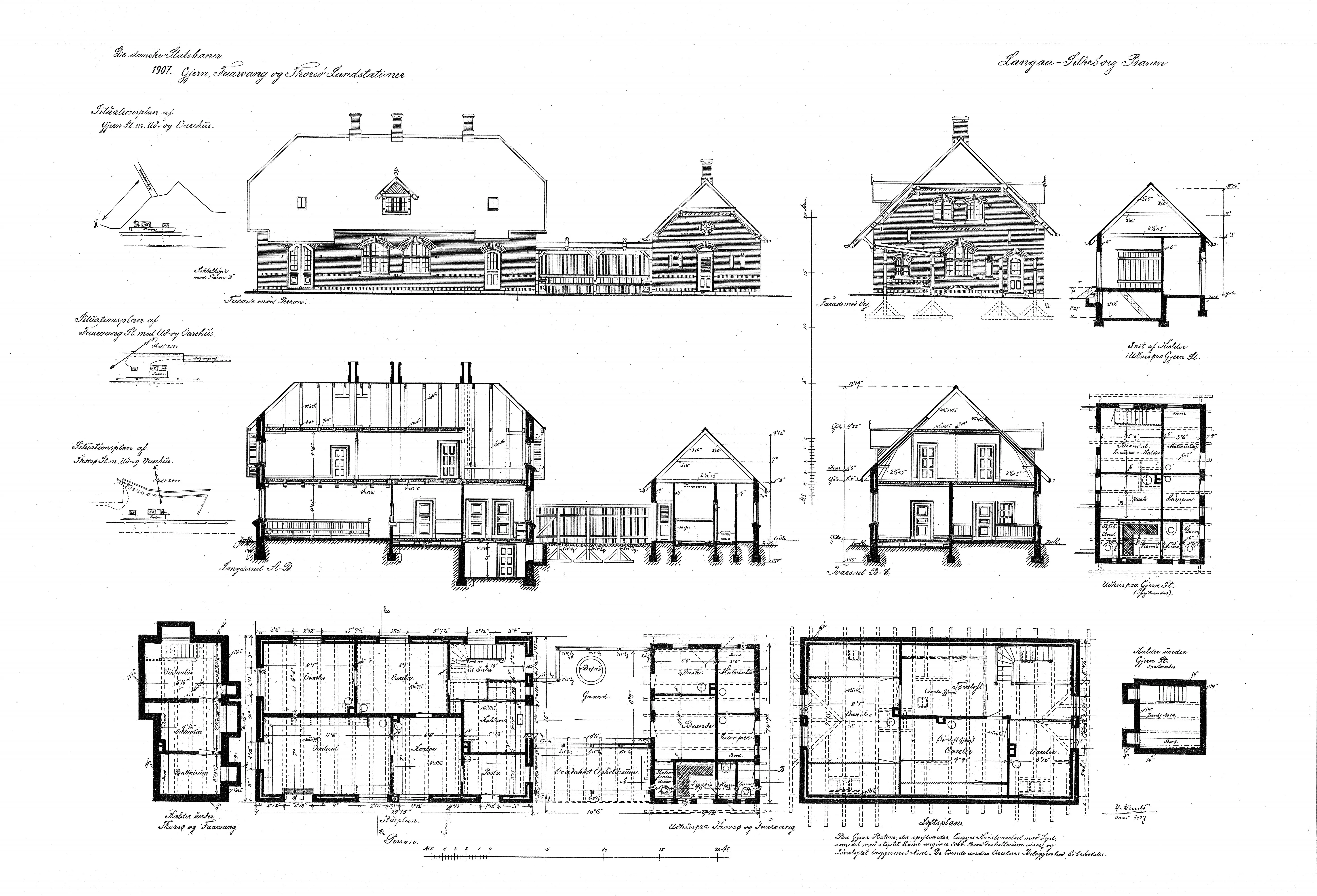 Tegning af Fårvang Station.