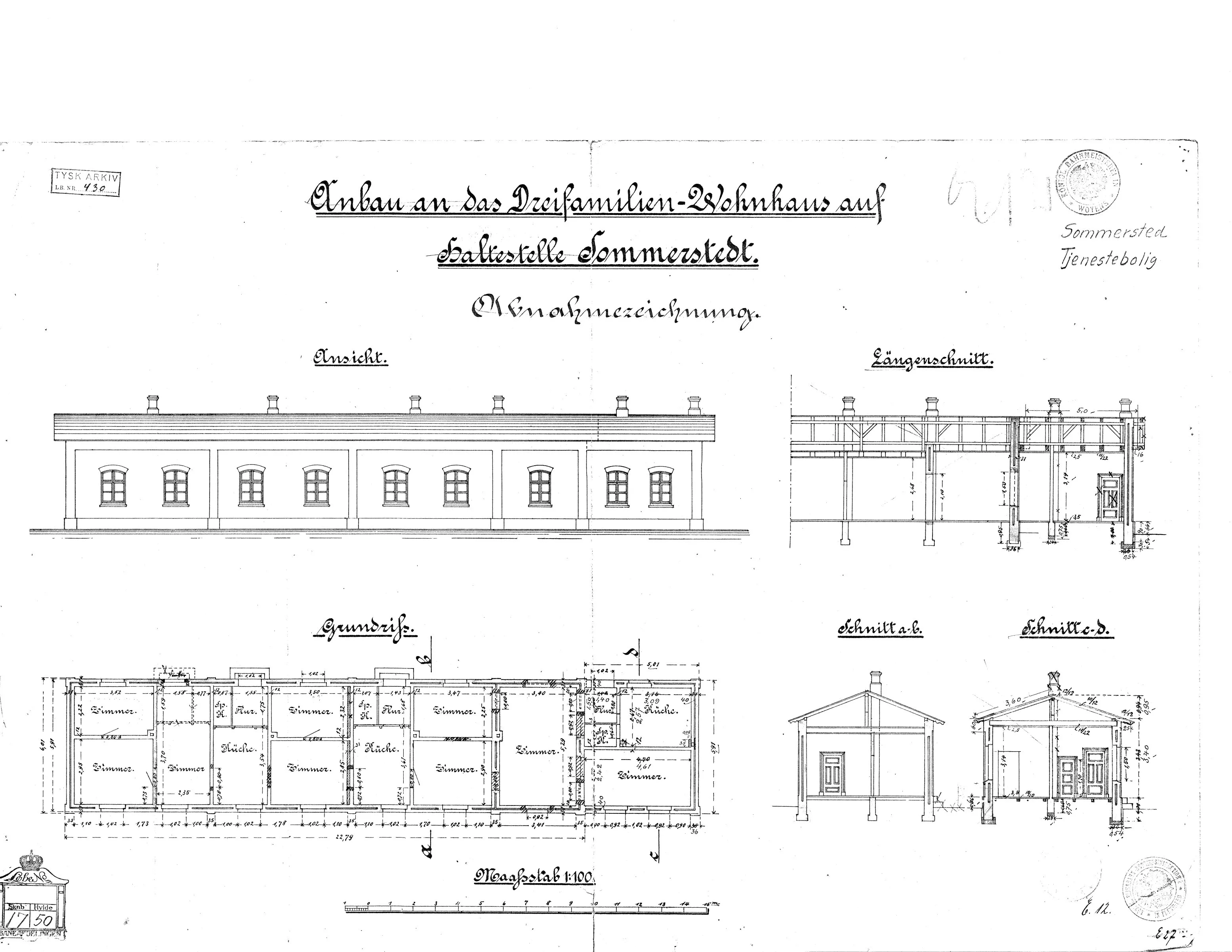 Tegning af Tilbygning til trefamilie-tjenestebolig ved Sommersted Station.