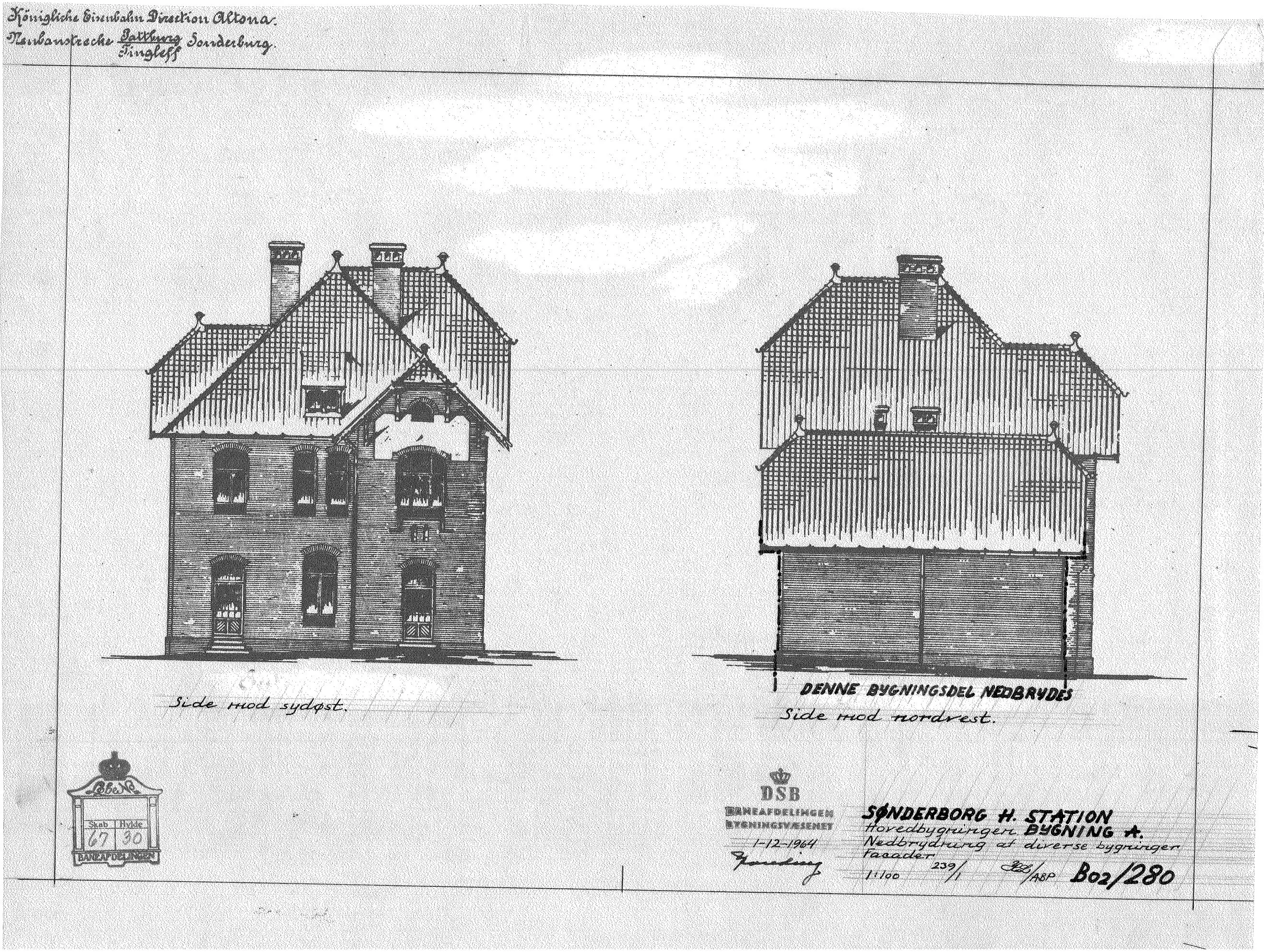 Tegning af Sønderborg Hovedbanegård Nedbrydning af diverse bygning facade.