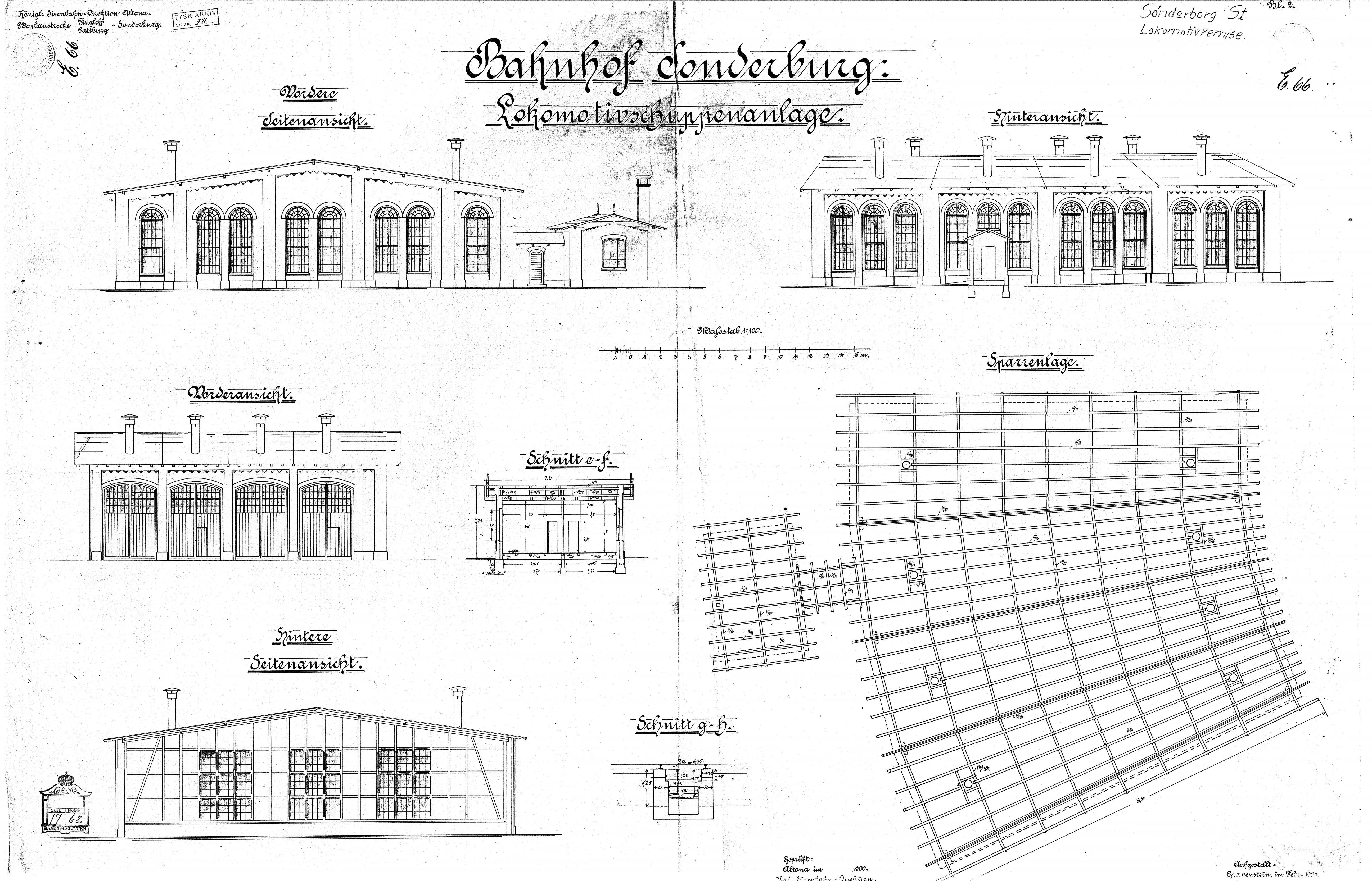 Tegning af Sønderborg Hovedbanegårds remise. Tegning af Sønderborg Hovedbanegårds remise.