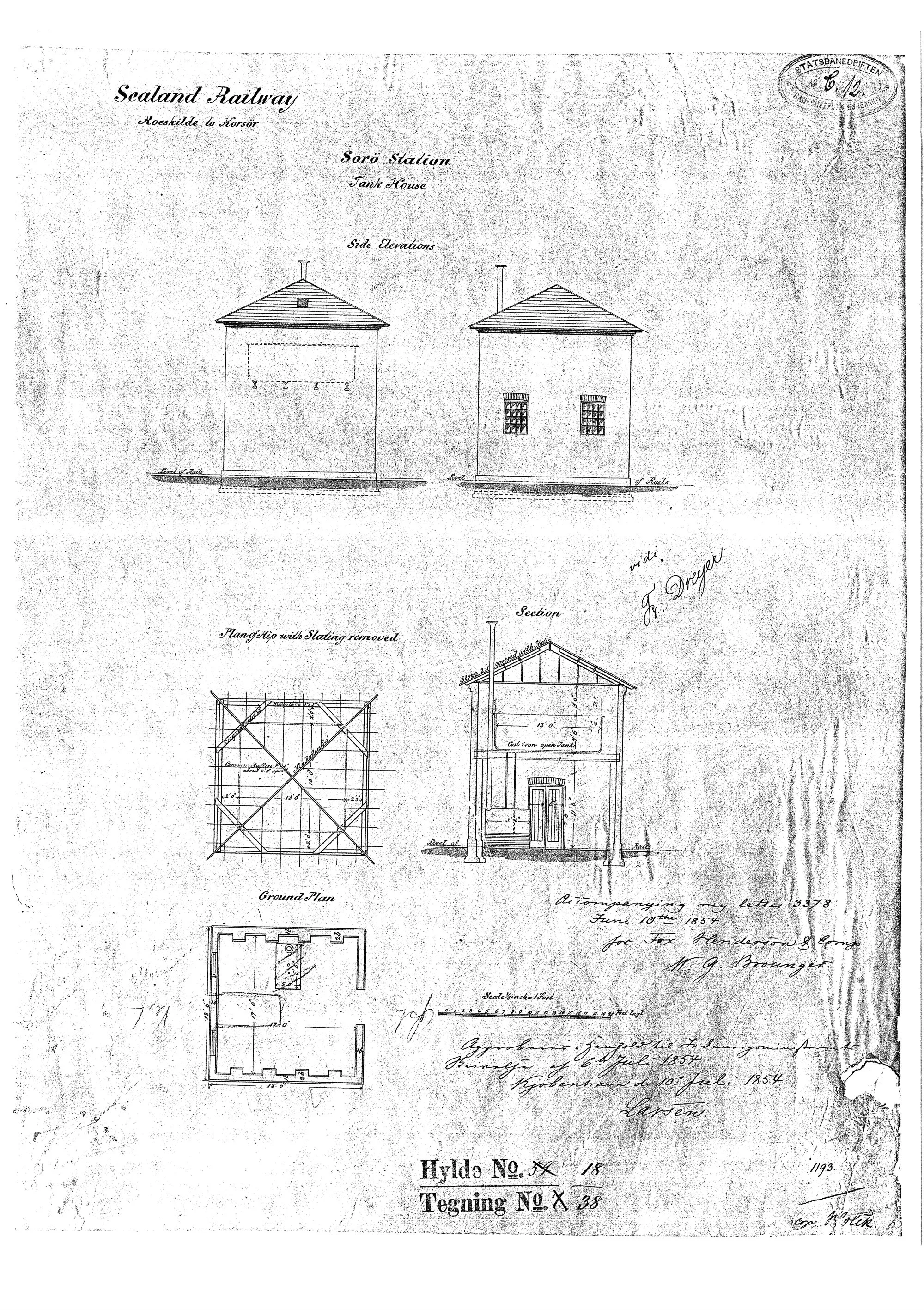 Tegning af Sorø Stations vandtårn.