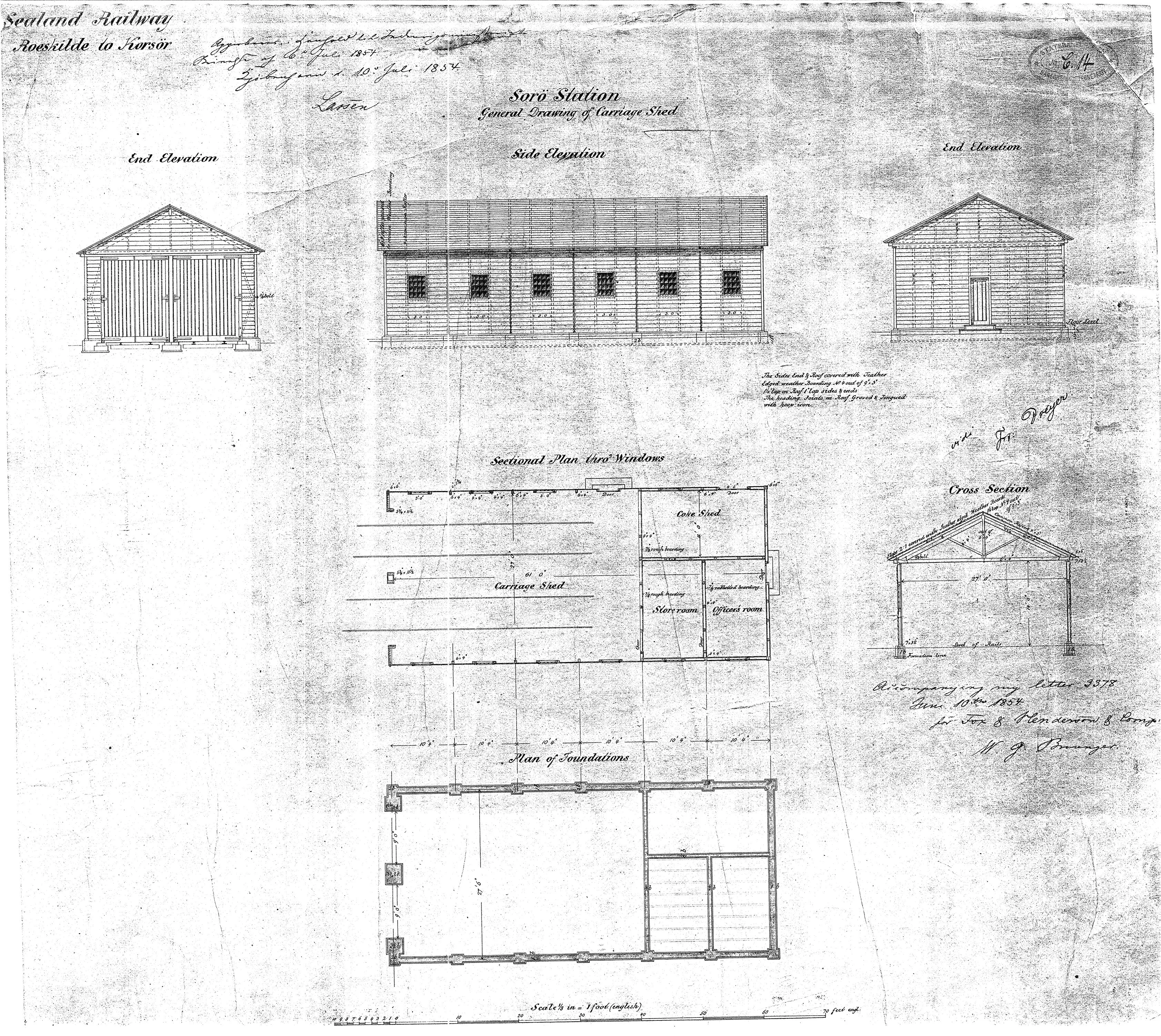 Tegning af Vognskur ved Sorø Station.