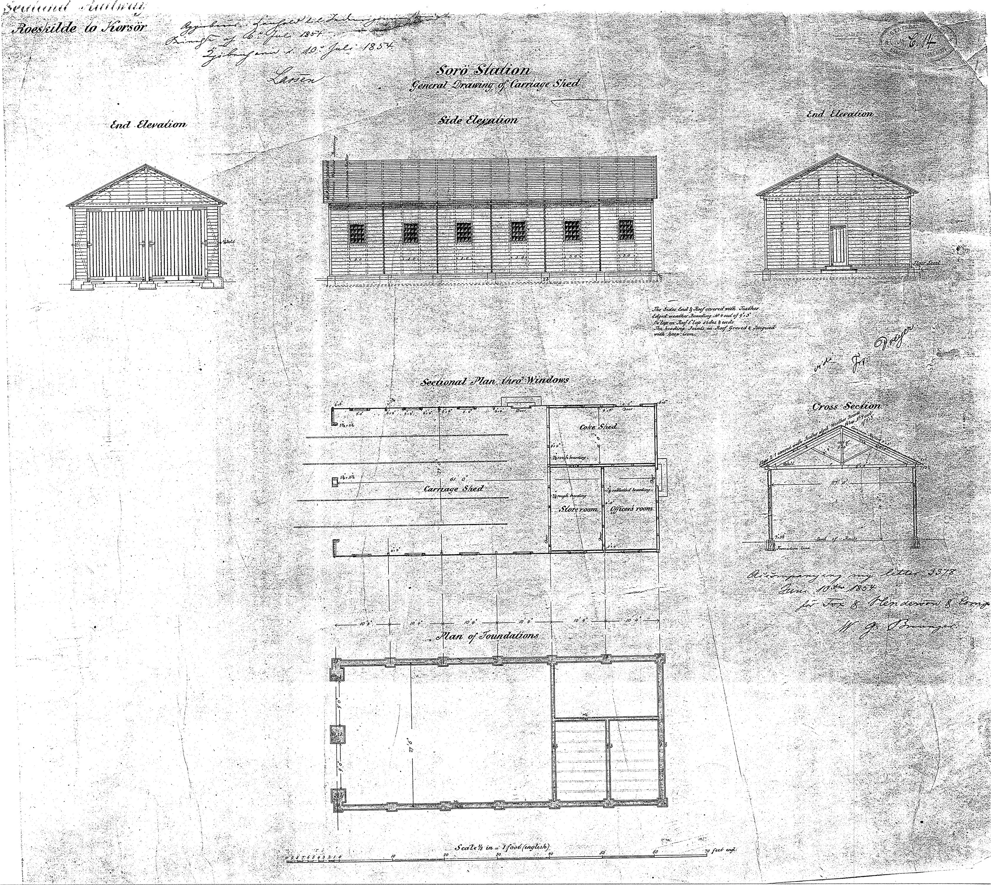 Tegning af Vognskur ved Sorø Station.