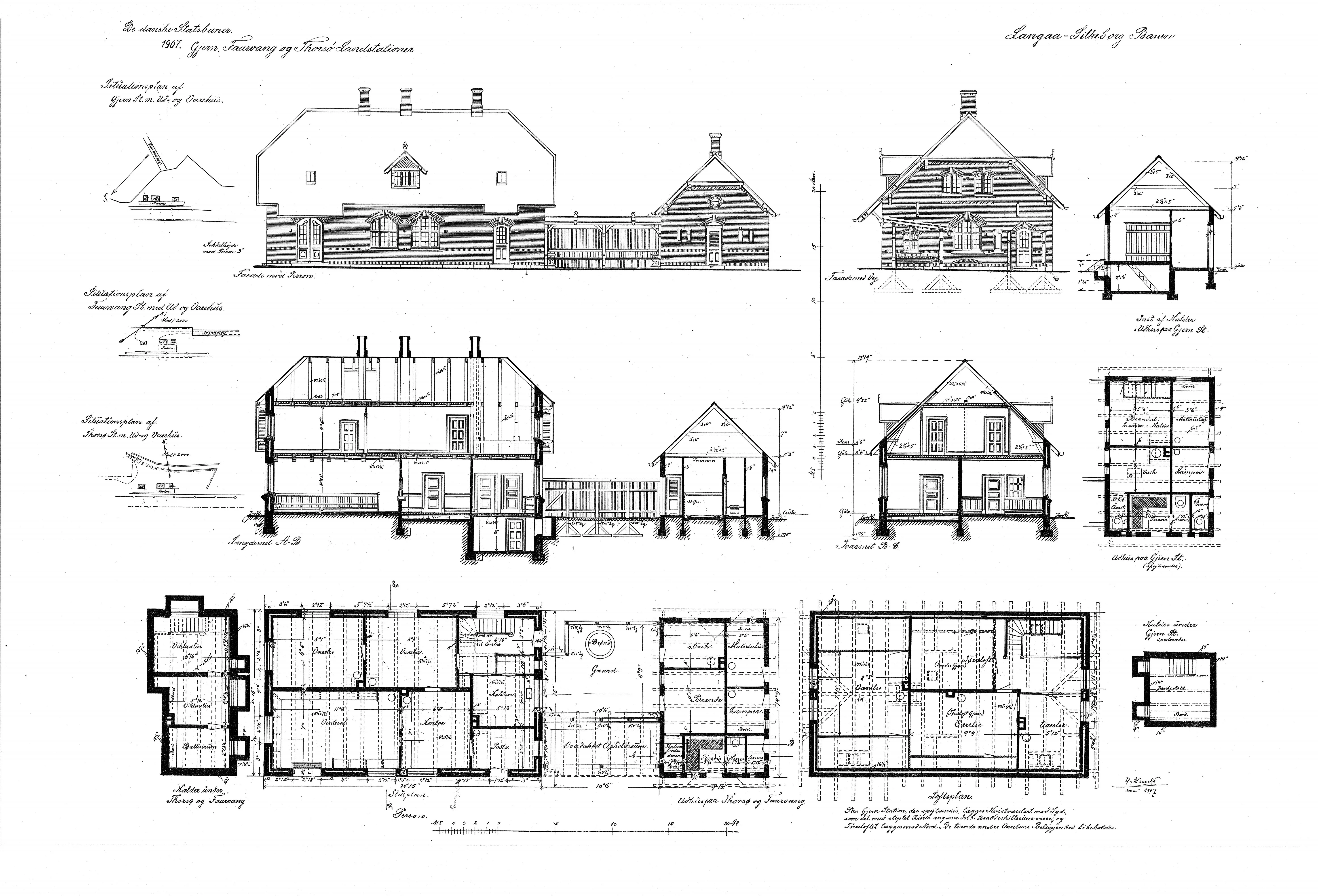 Tegning af Fårvang Station.