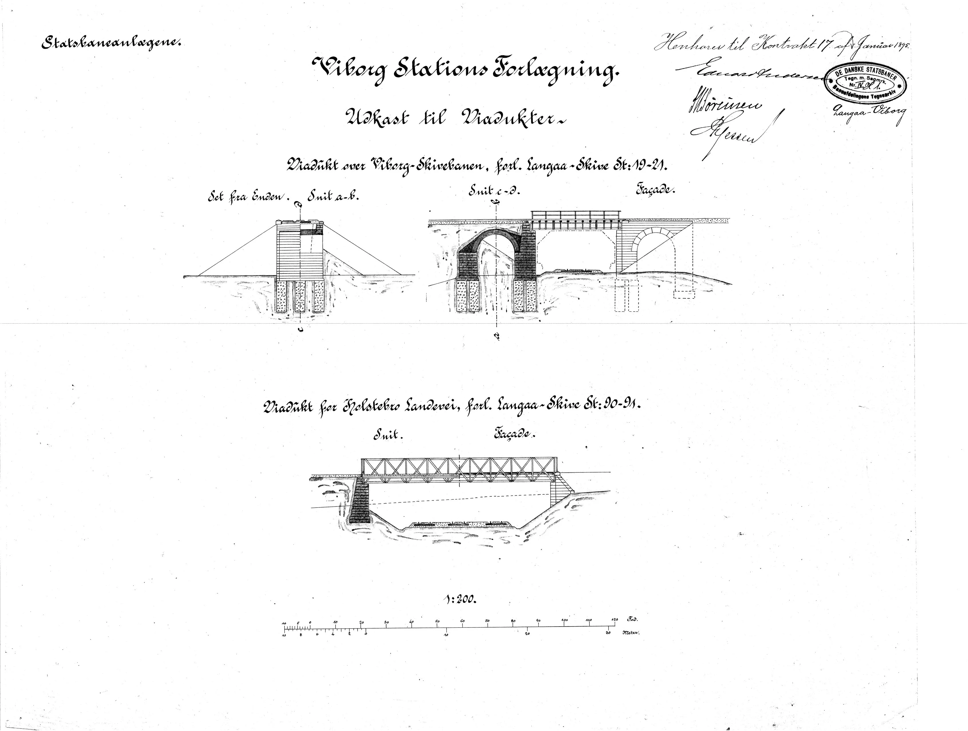 Tegning af Viborg Stations forlægning. Udkast til viadukter: Viadukt over Viborg - Skive banen, forl. Langå - skive. st. 19-21. Viadukt for Holstebro Landevej, forl. Langå - Skive st. 90-91.