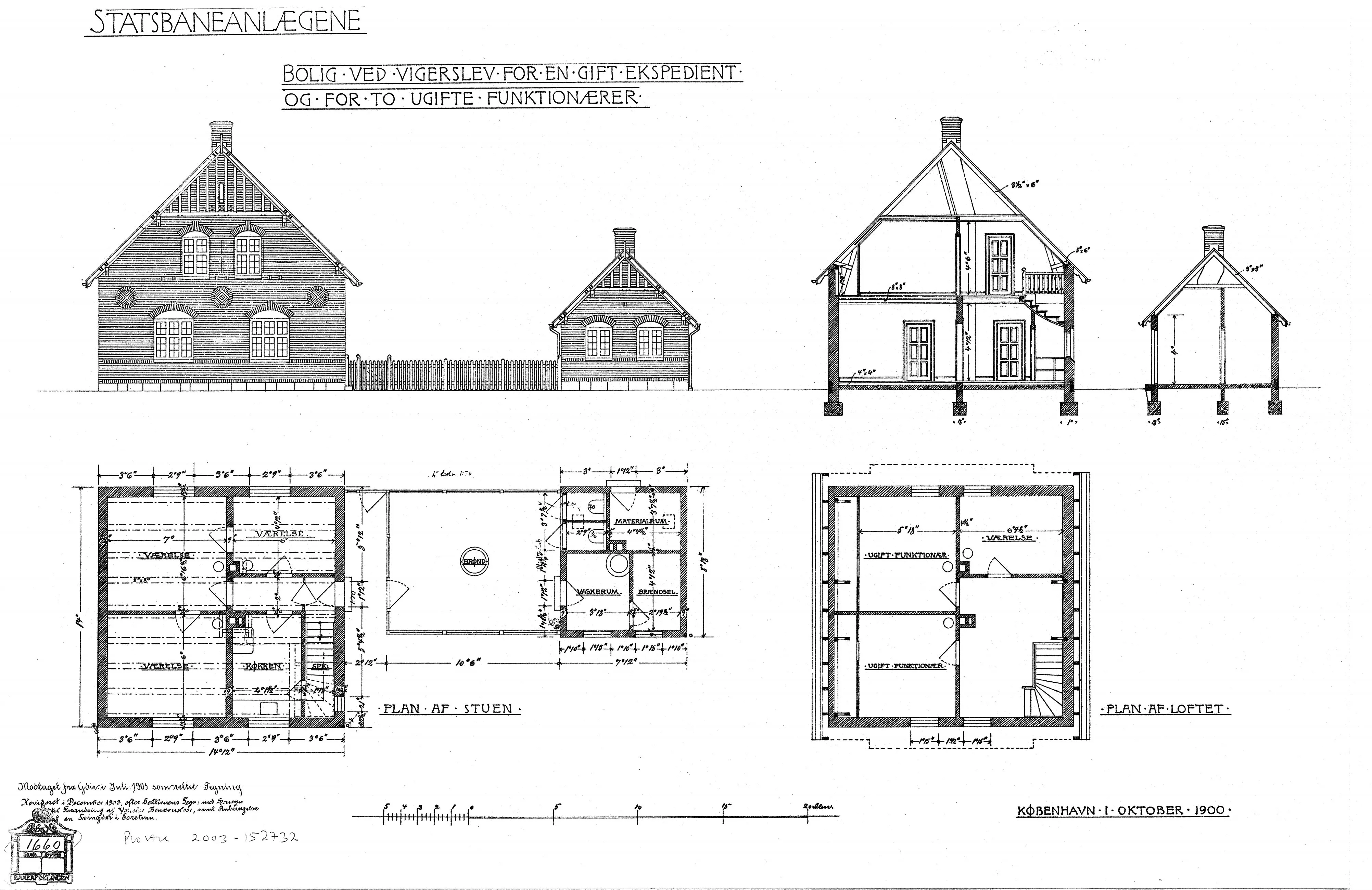 Tegning af Bolig for en gift ekspedient og for to ugifte funktionærer ved Vigerslev Forgreningsstation. Tegning af Bolig for en gift ekspedient og for to ugifte funktionærer ved Vigerslev Forgreningsstation.