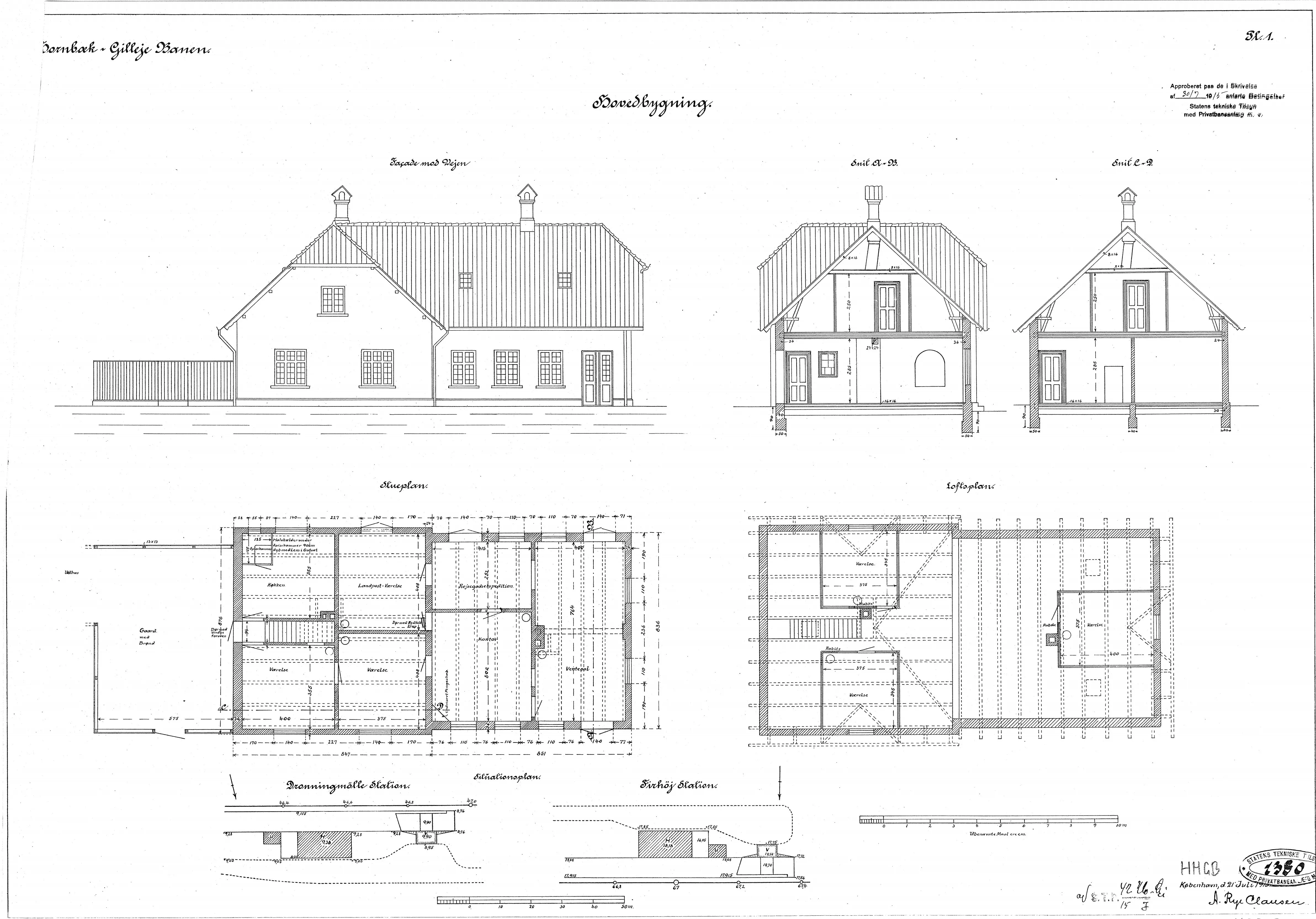 Tegning af Dronningmølle Station.